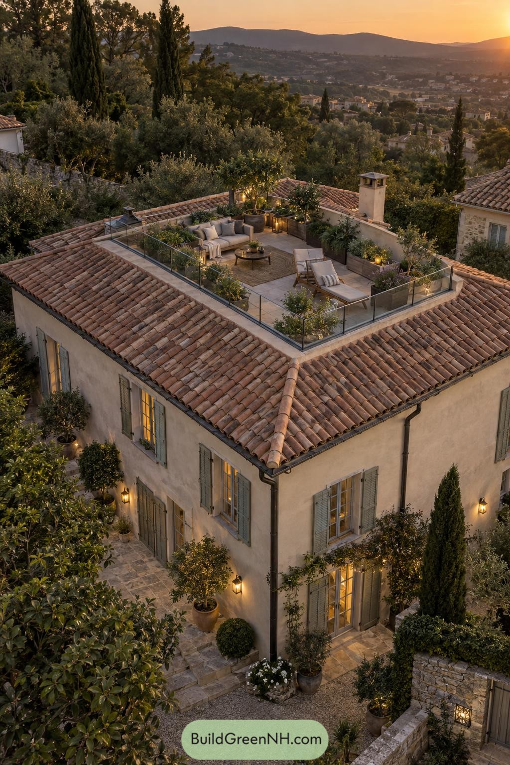 Rooftop patio on a terracotta-roofed villa at sunset