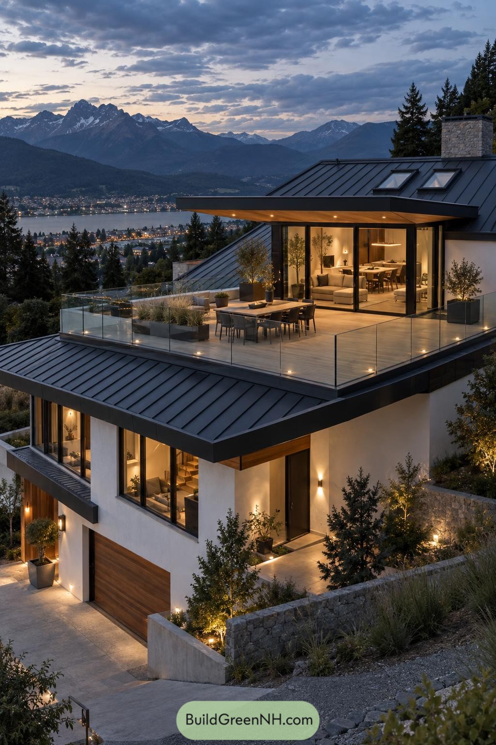 Modern hillside home with a glass-railed roof terrace overlooking a mountain lake