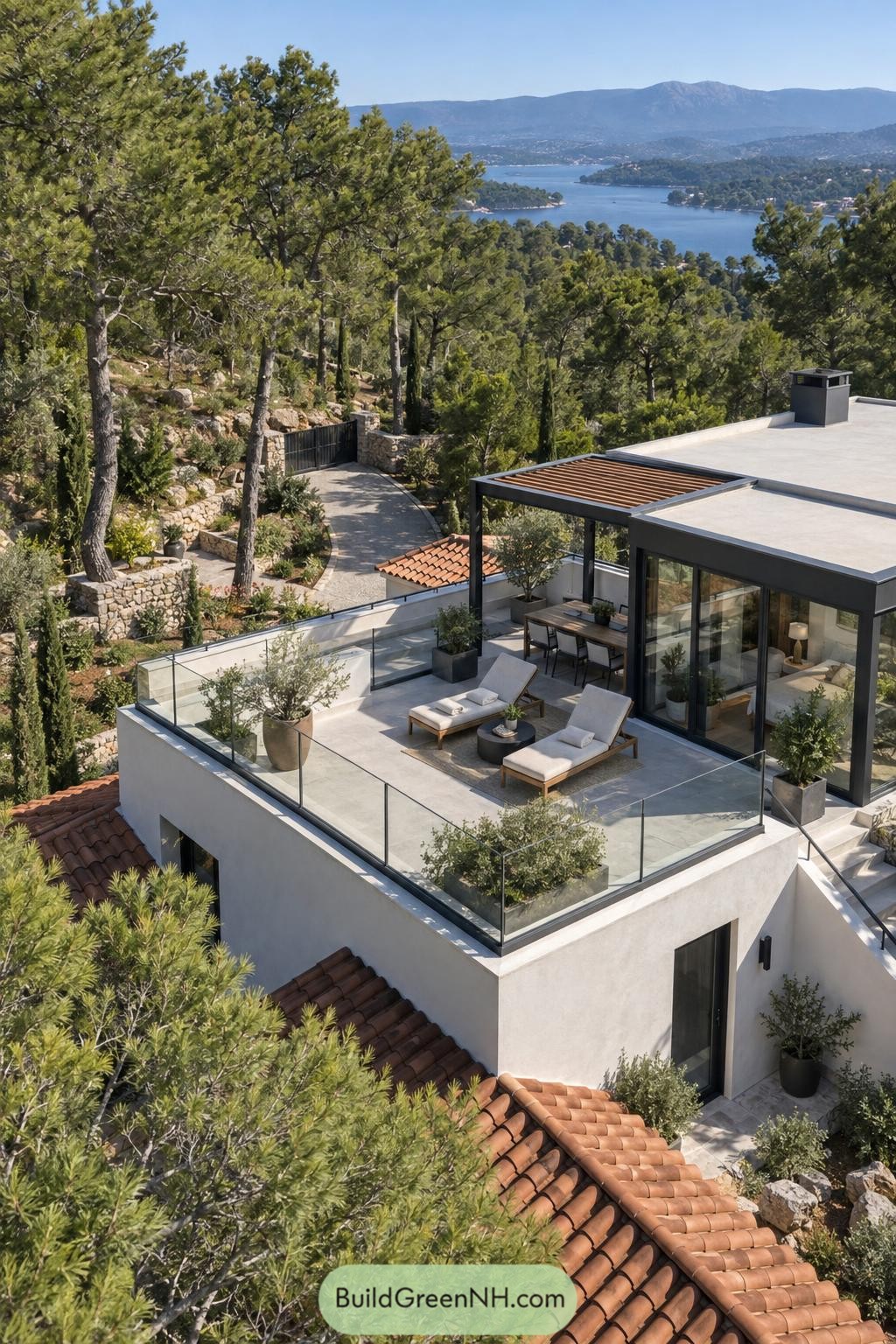 Modern hillside roof terrace with glass railings overlooking a pine-fringed bay