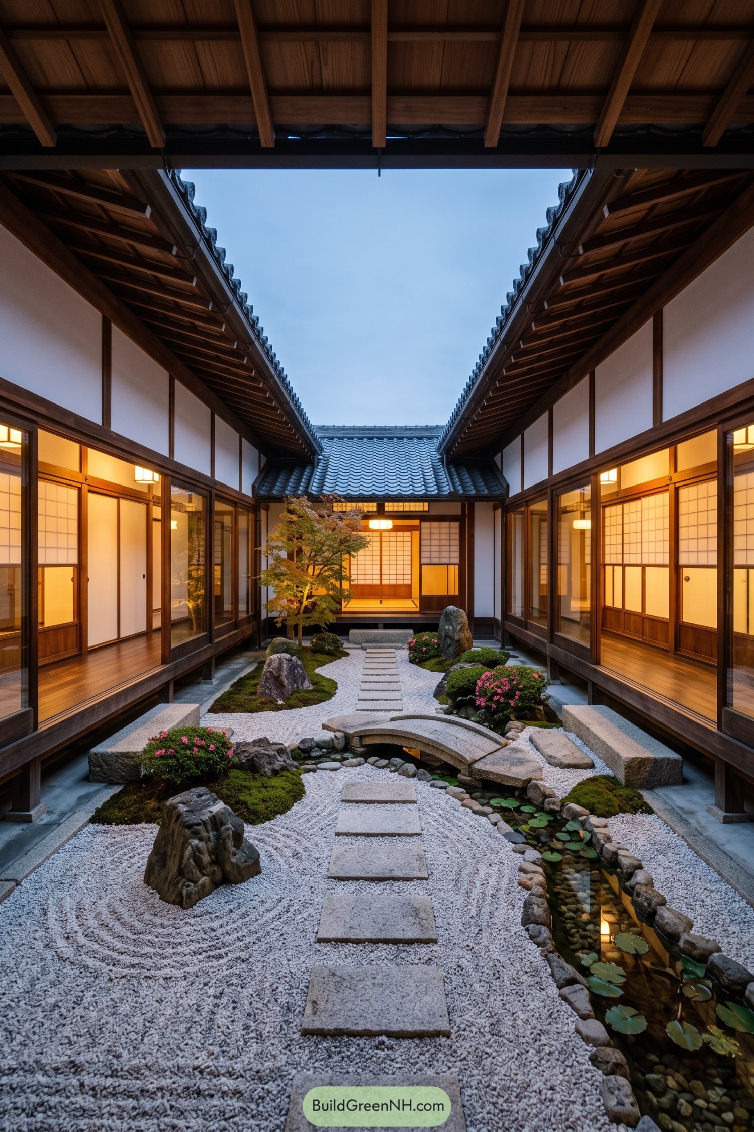 Traditional Japanese courtyard with gravel garden and stone bridge