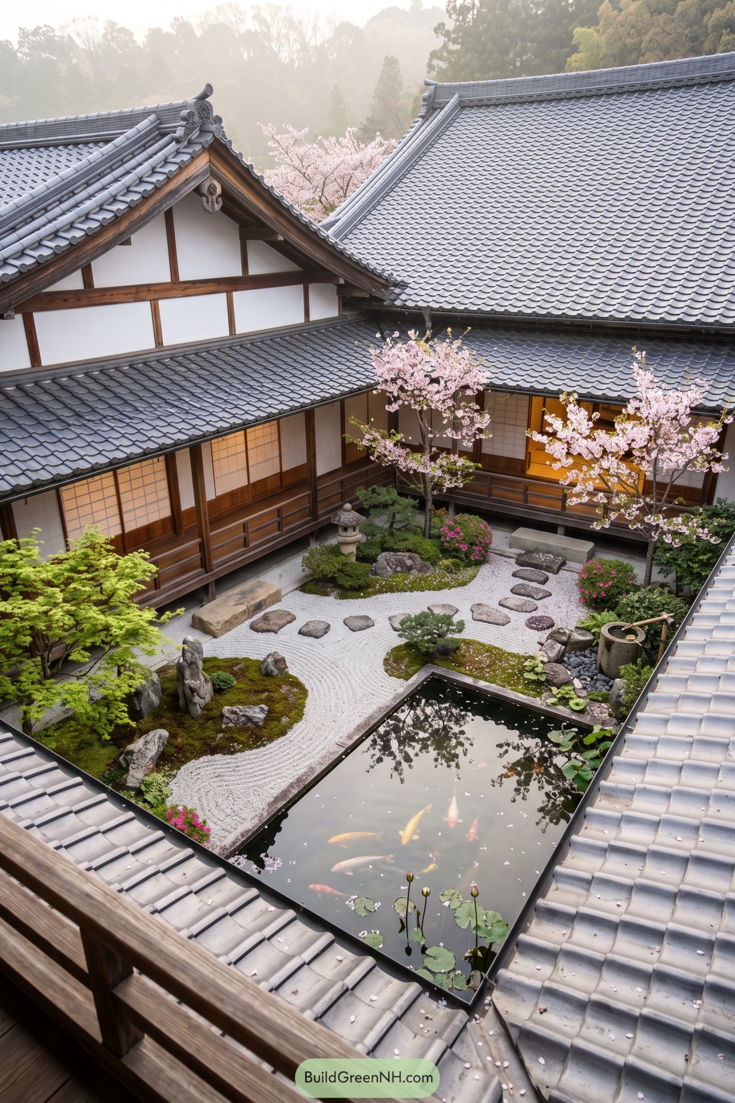Traditional Japanese courtyard with koi pond and cherry trees