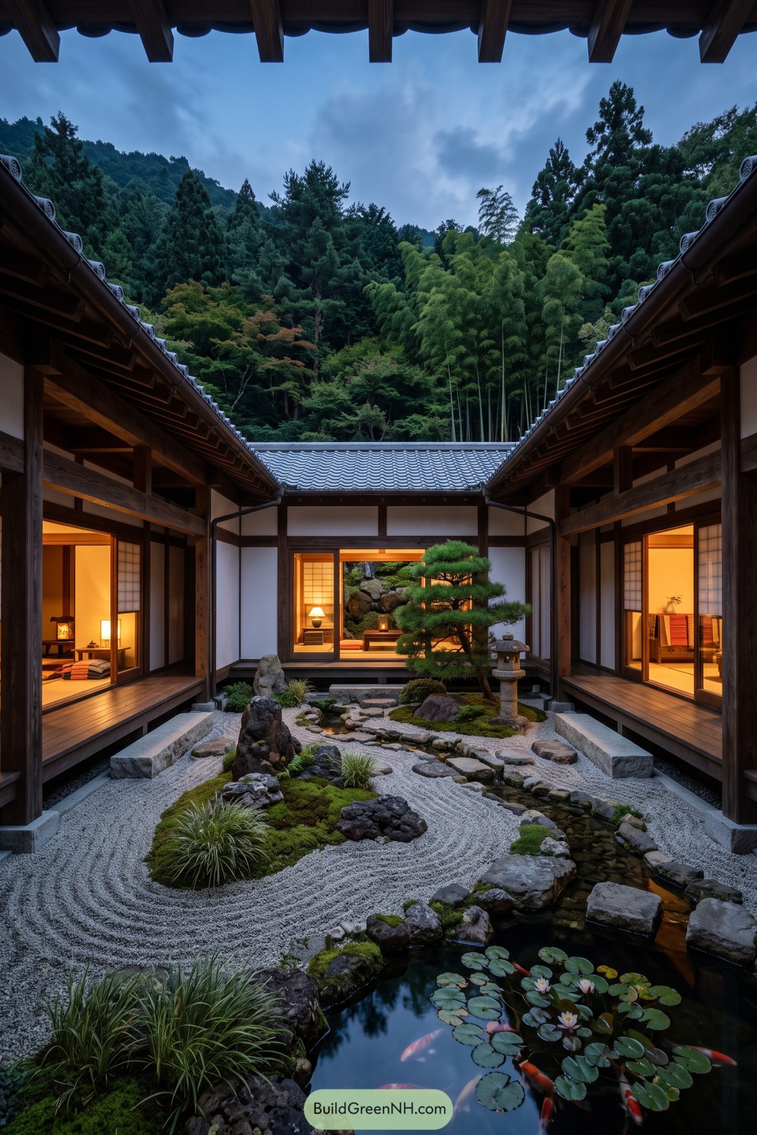 Traditional Japanese courtyard with koi stream and raked gravel garden