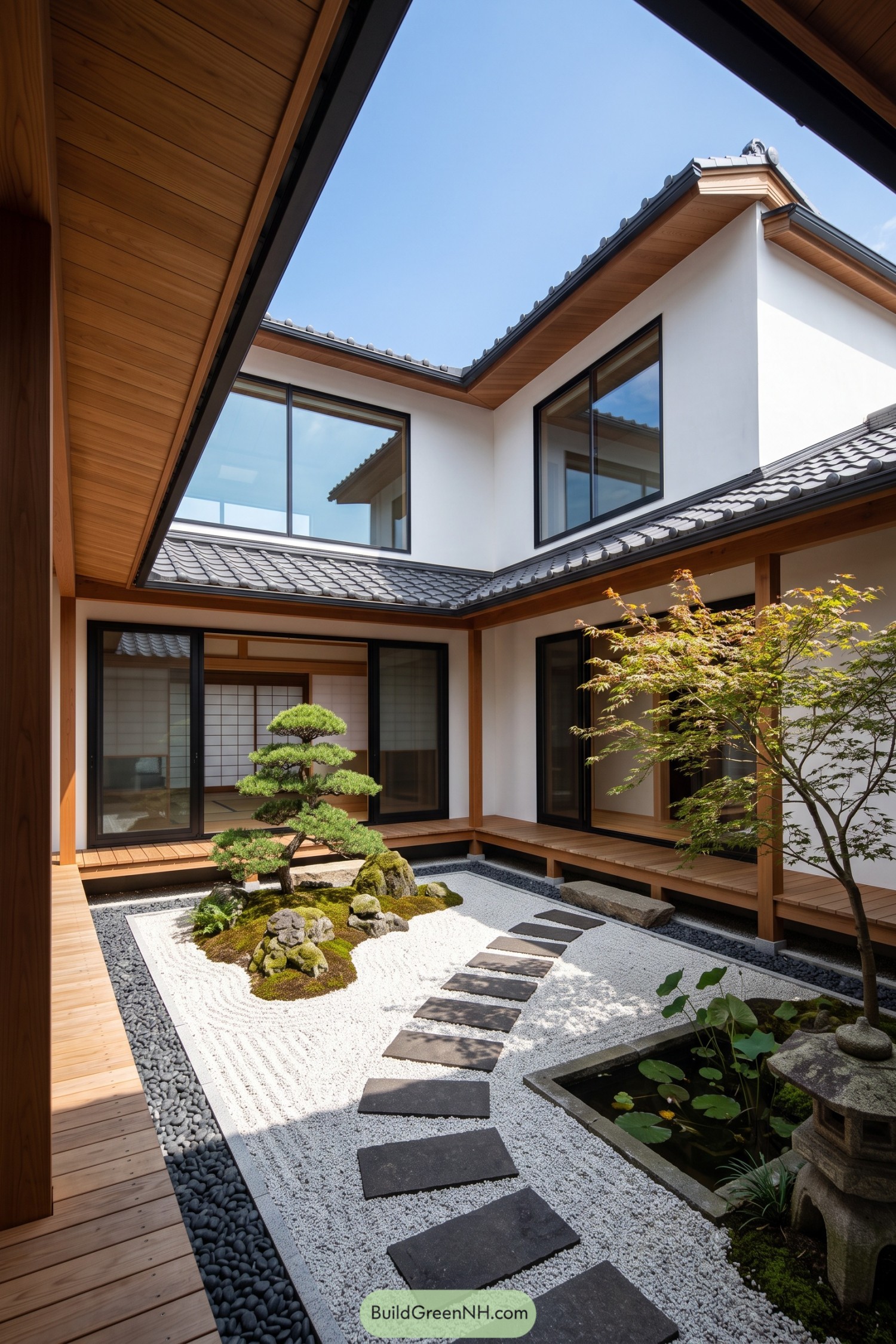 Open-air courtyard with gravel garden pond and timber walkways