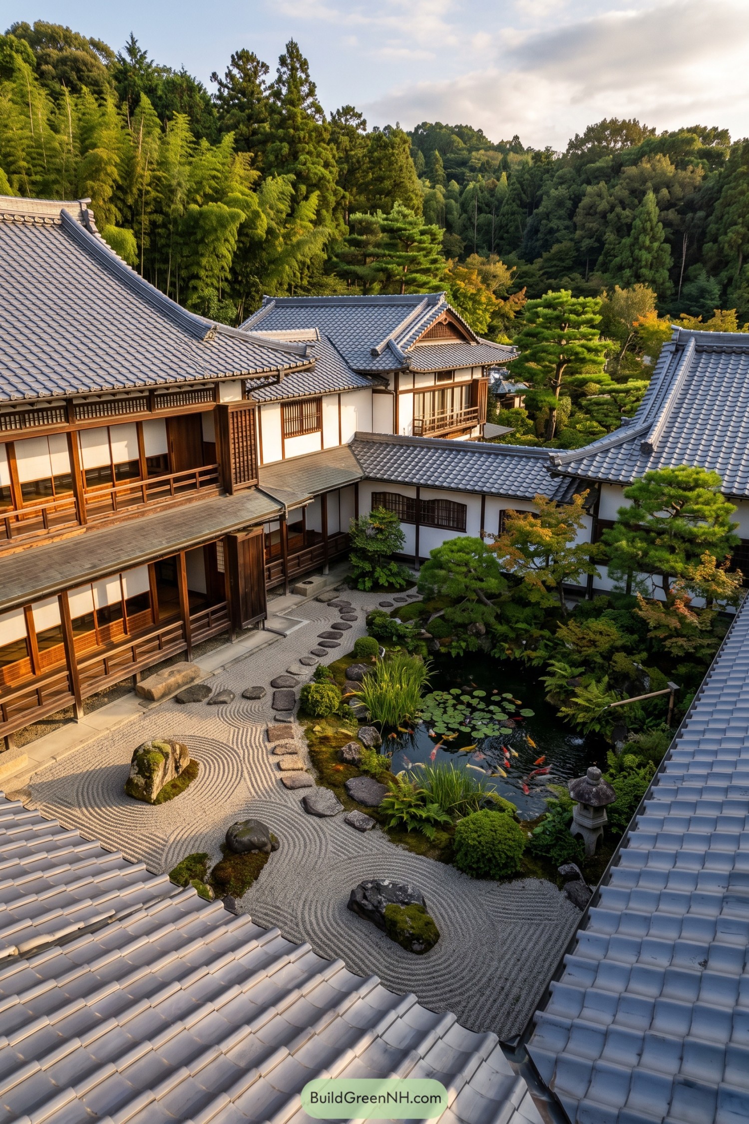 Traditional Japanese residence enclosing a raked gravel garden and koi pond