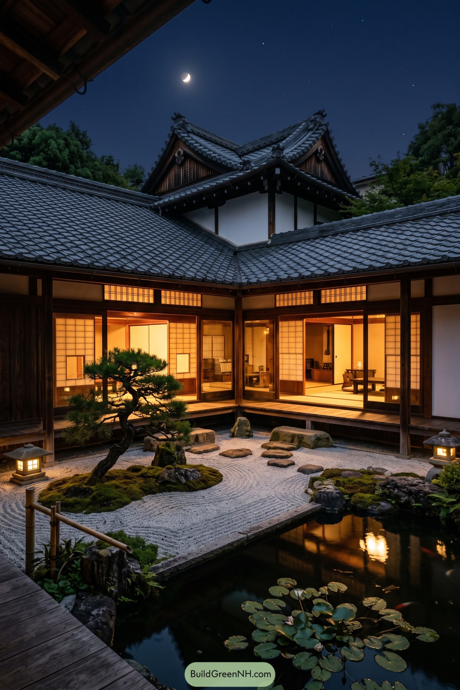 Traditional Japanese home enclosing a raked gravel garden and lily pond at dusk