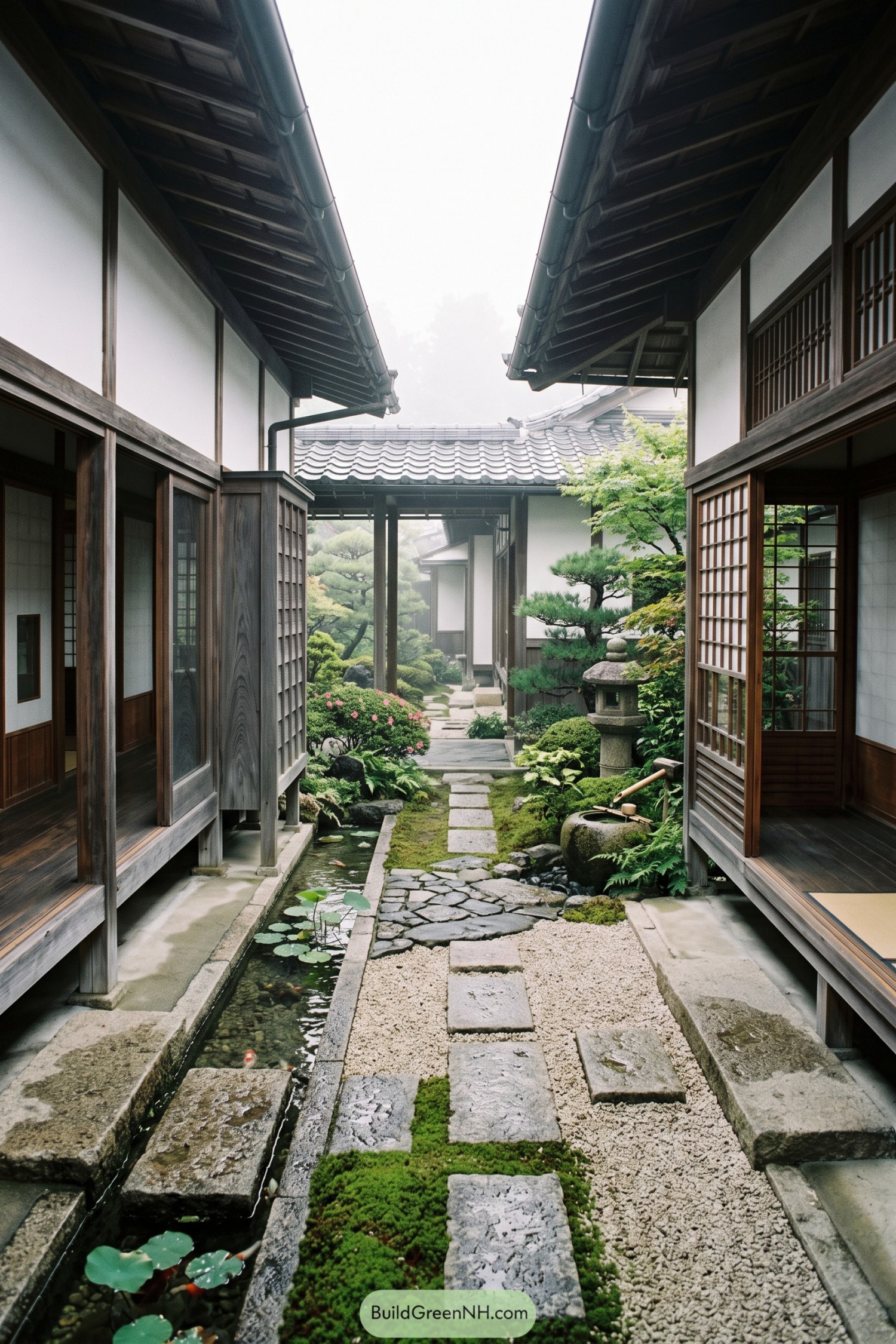 Narrow Japanese courtyard with stepping stones and koi channel