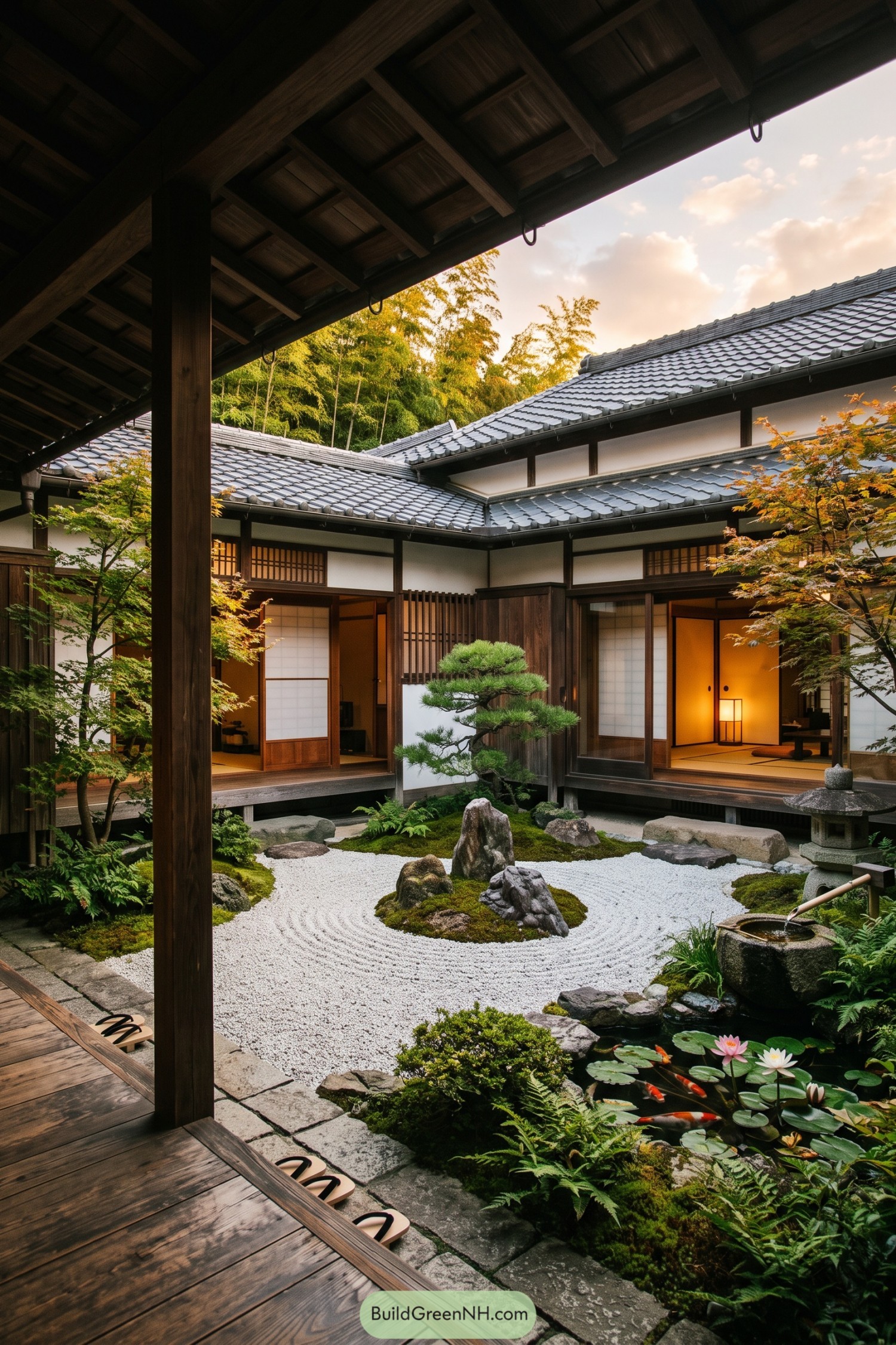 Traditional Japanese courtyard with raked gravel koi pond and maple trees