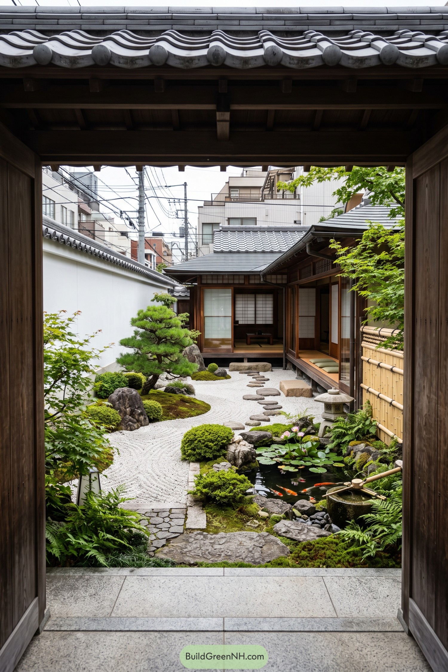 Traditional Japanese courtyard with gravel garden pond and timber veranda