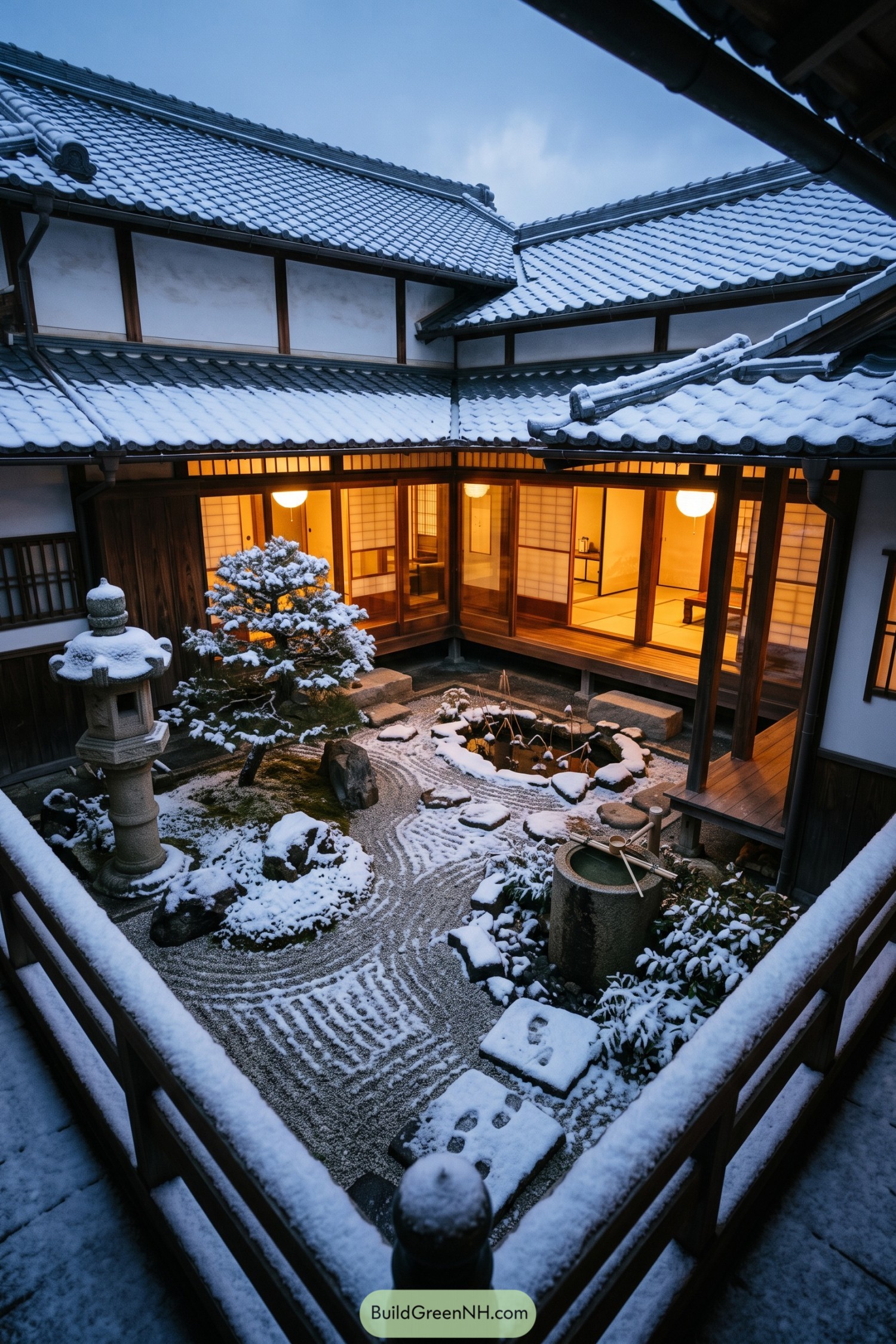 Snow covered Japanese courtyard with stone lantern and raked gravel