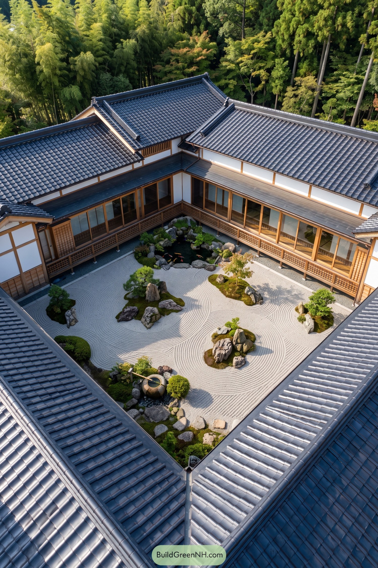Traditional Japanese home enclosing a raked gravel garden and koi pond