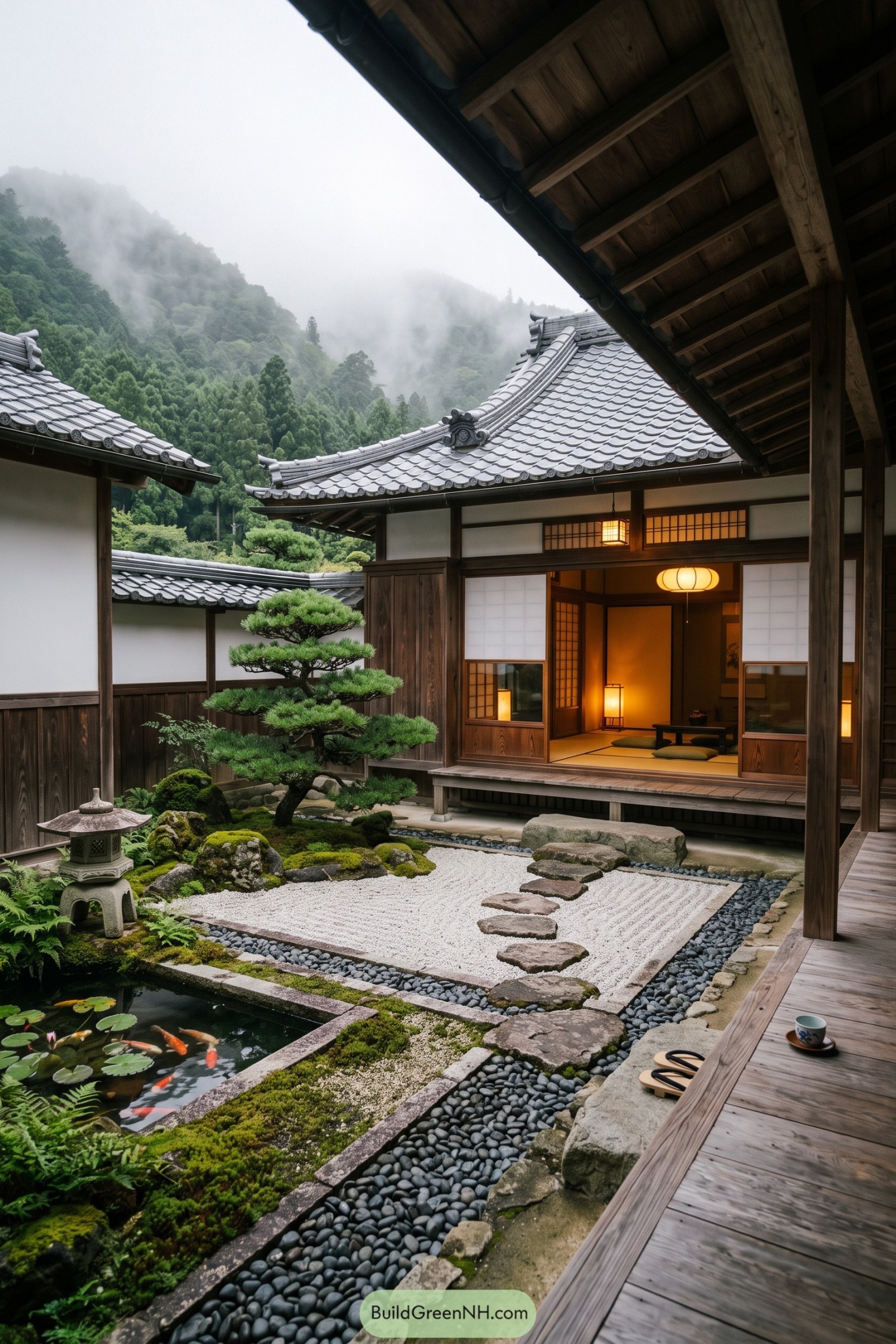 Traditional timber home framing a mossy stone garden beneath misty hills