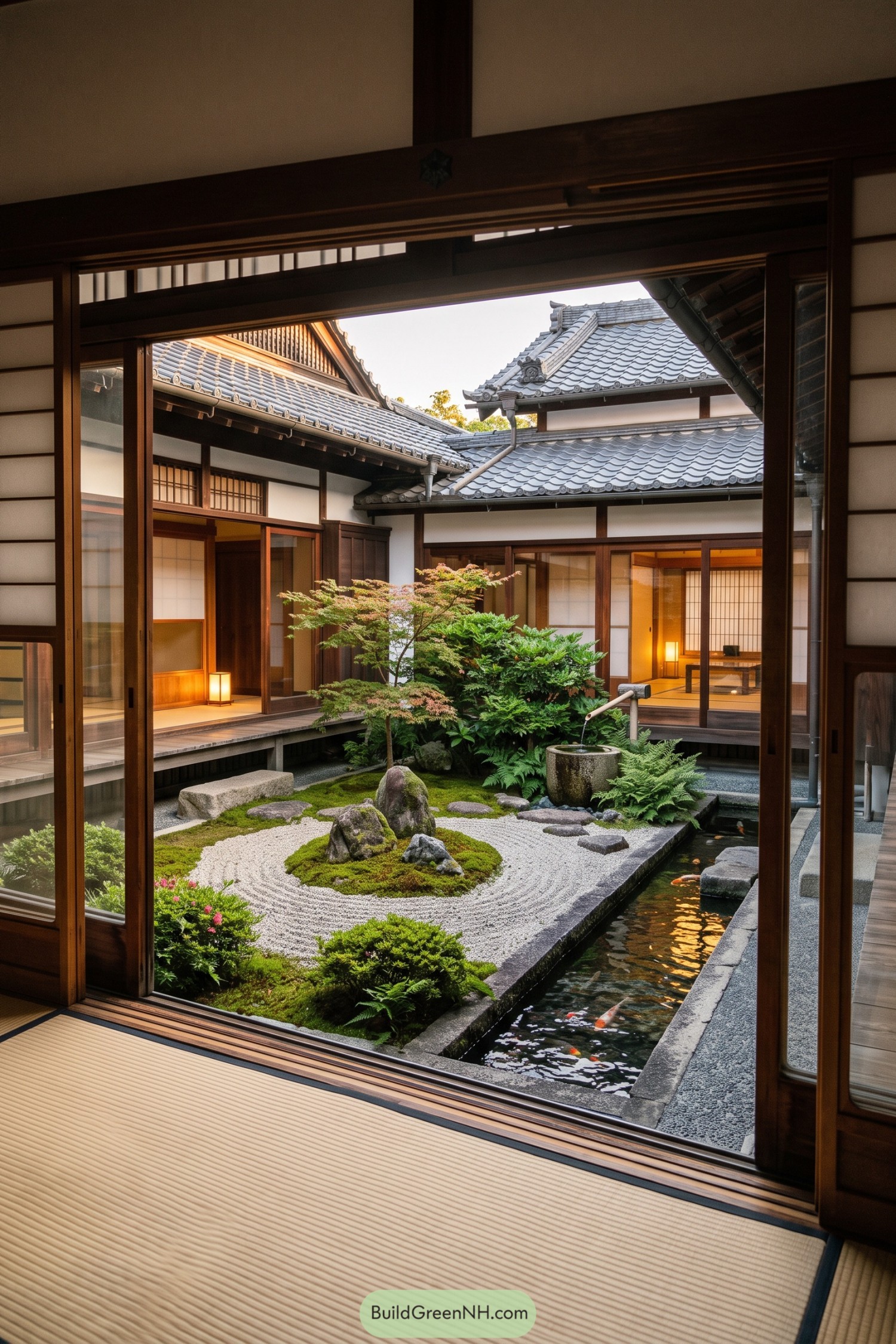 Traditional courtyard with raked gravel koi pond and maple