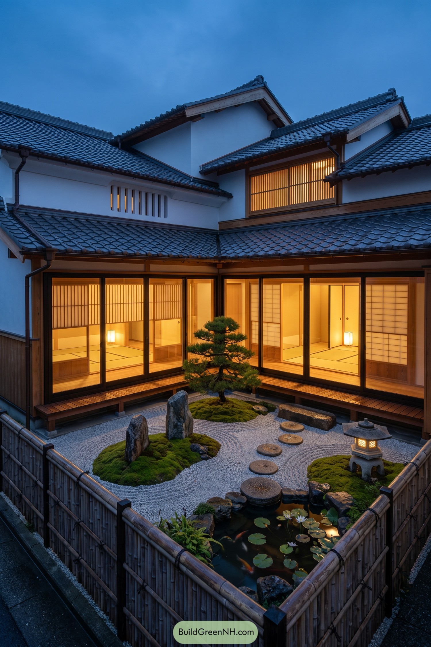 Japanese courtyard home with pond and raked gravel garden at dusk