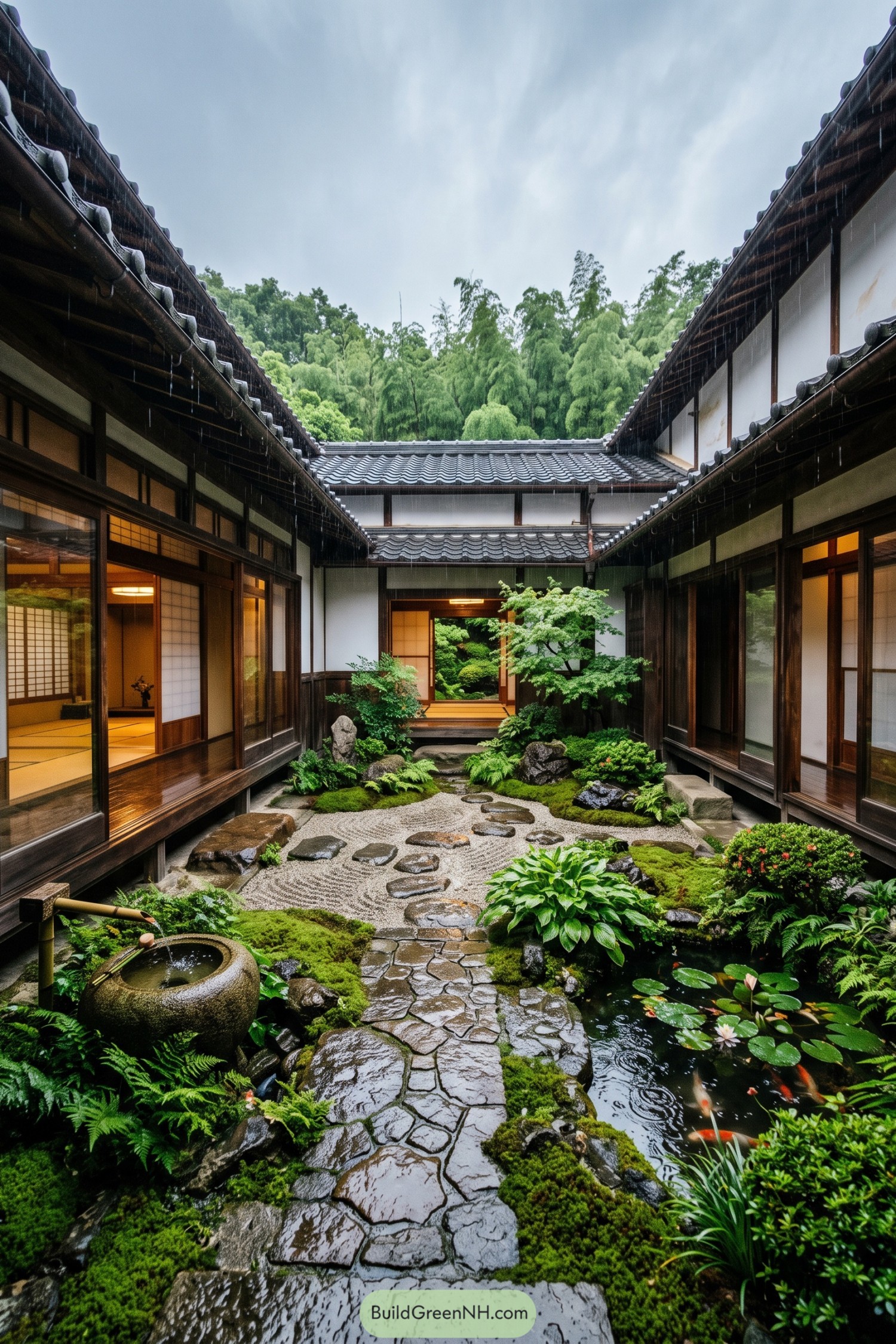 Traditional Japanese courtyard with a stone path and pond