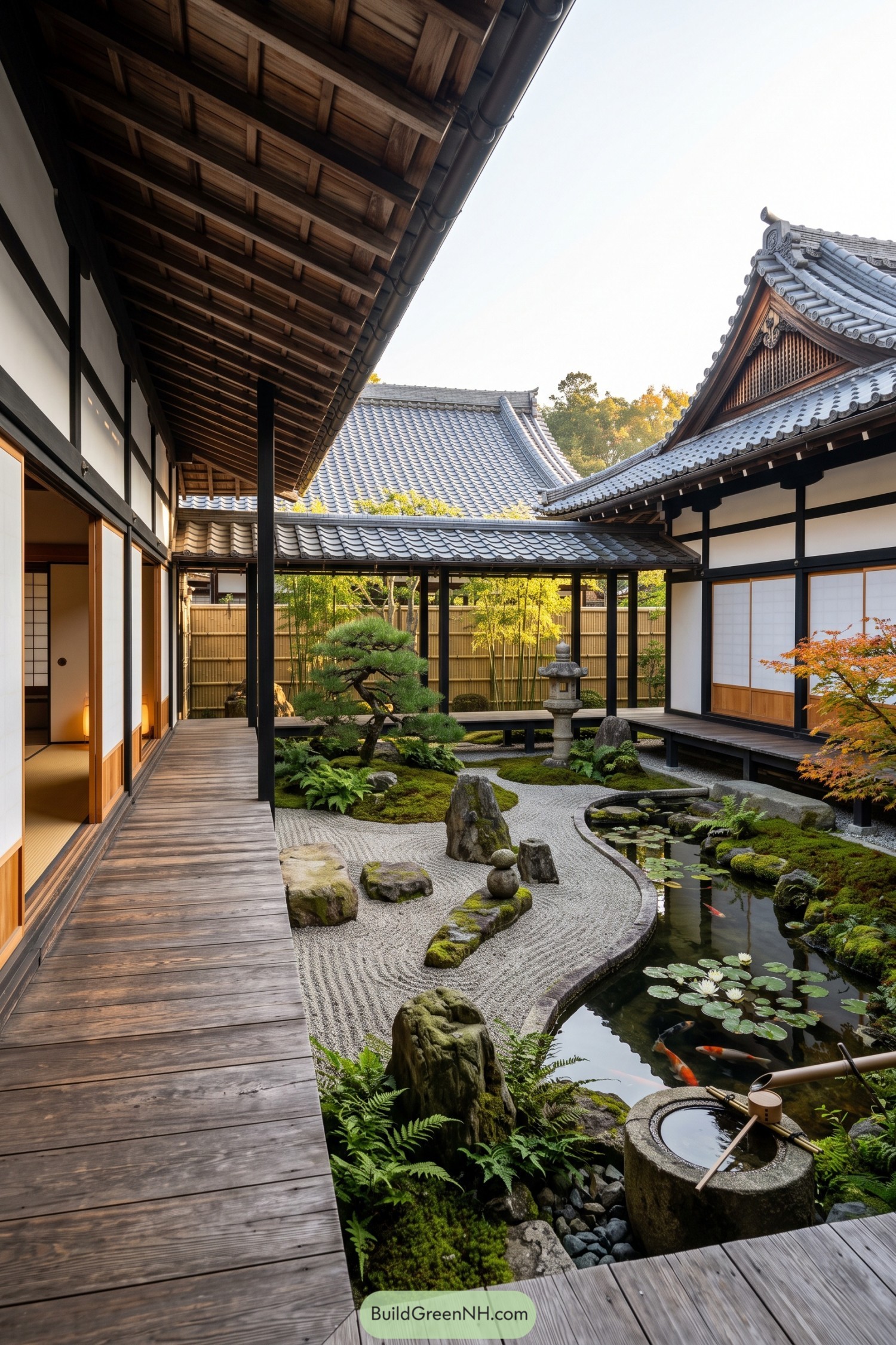 Wooden verandas surround a gravel garden and koi pond