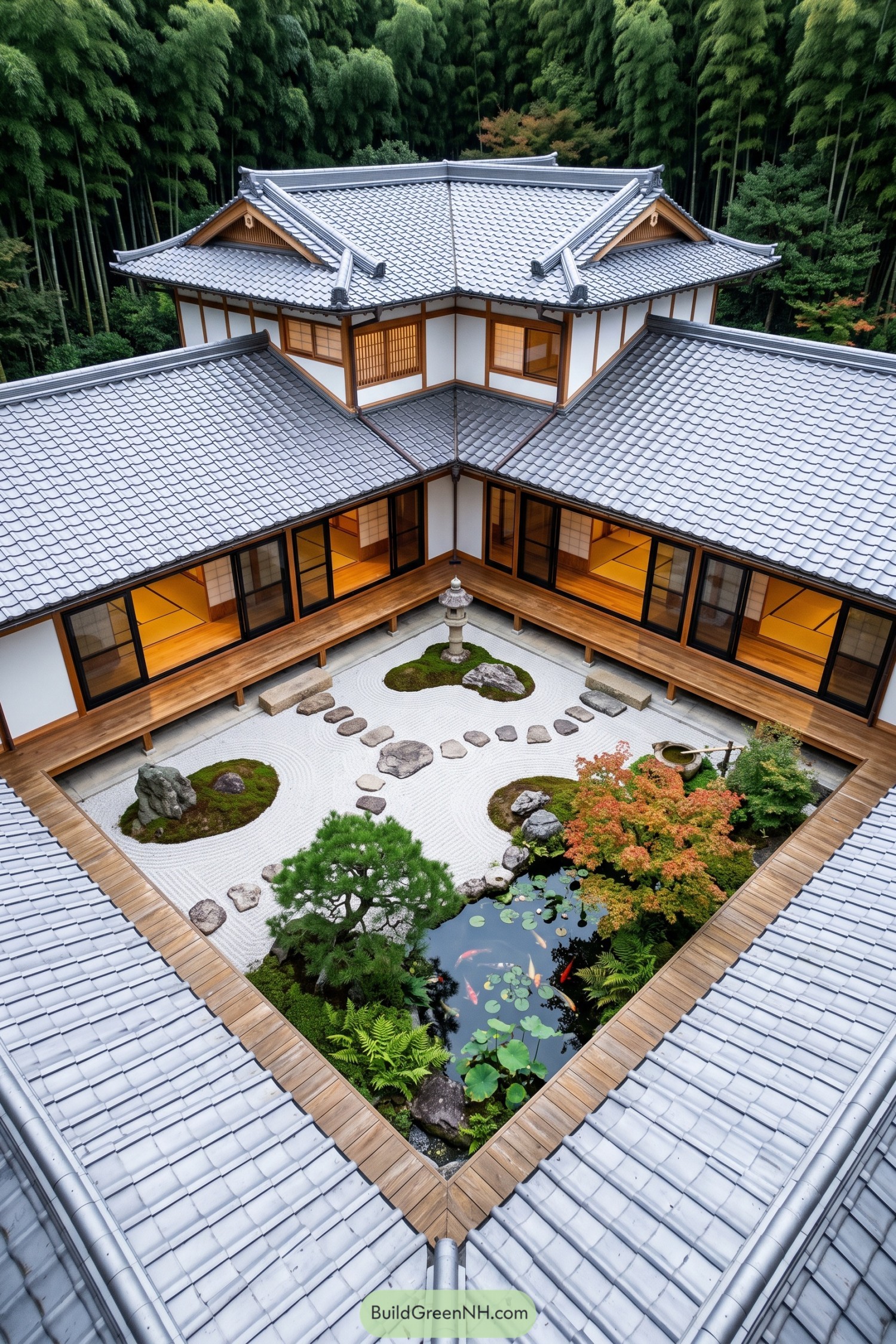 Japanese courtyard with raked gravel pond and lantern
