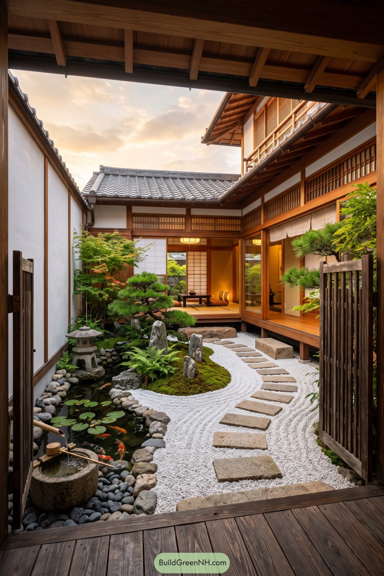 Traditional Japanese courtyard with koi pond and gravel path
