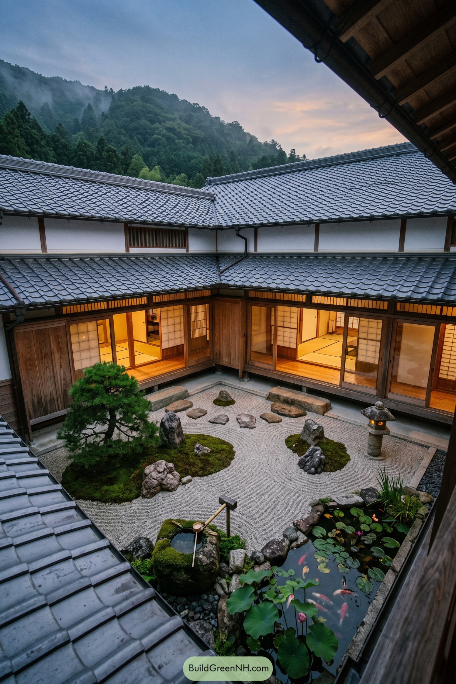 Traditional Japanese courtyard with raked gravel pond and tatami rooms