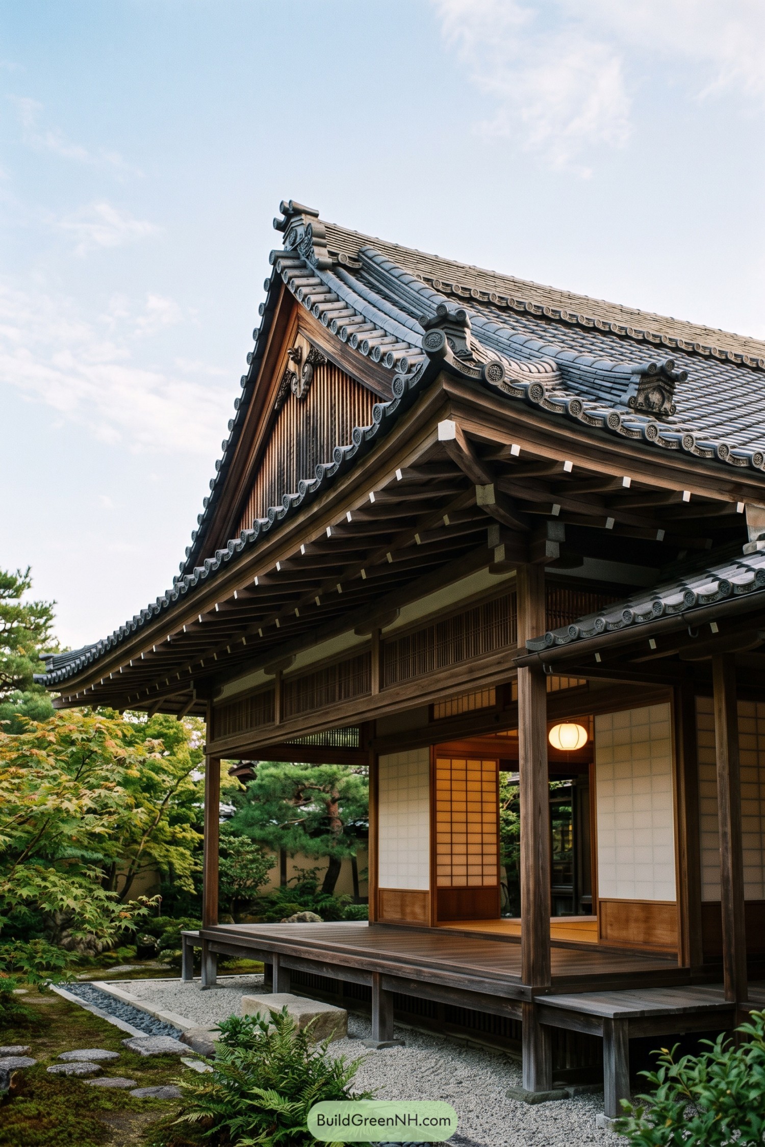 Traditional Japanese kirizuma roof with curved ceramic tiles and deep wooden eaves