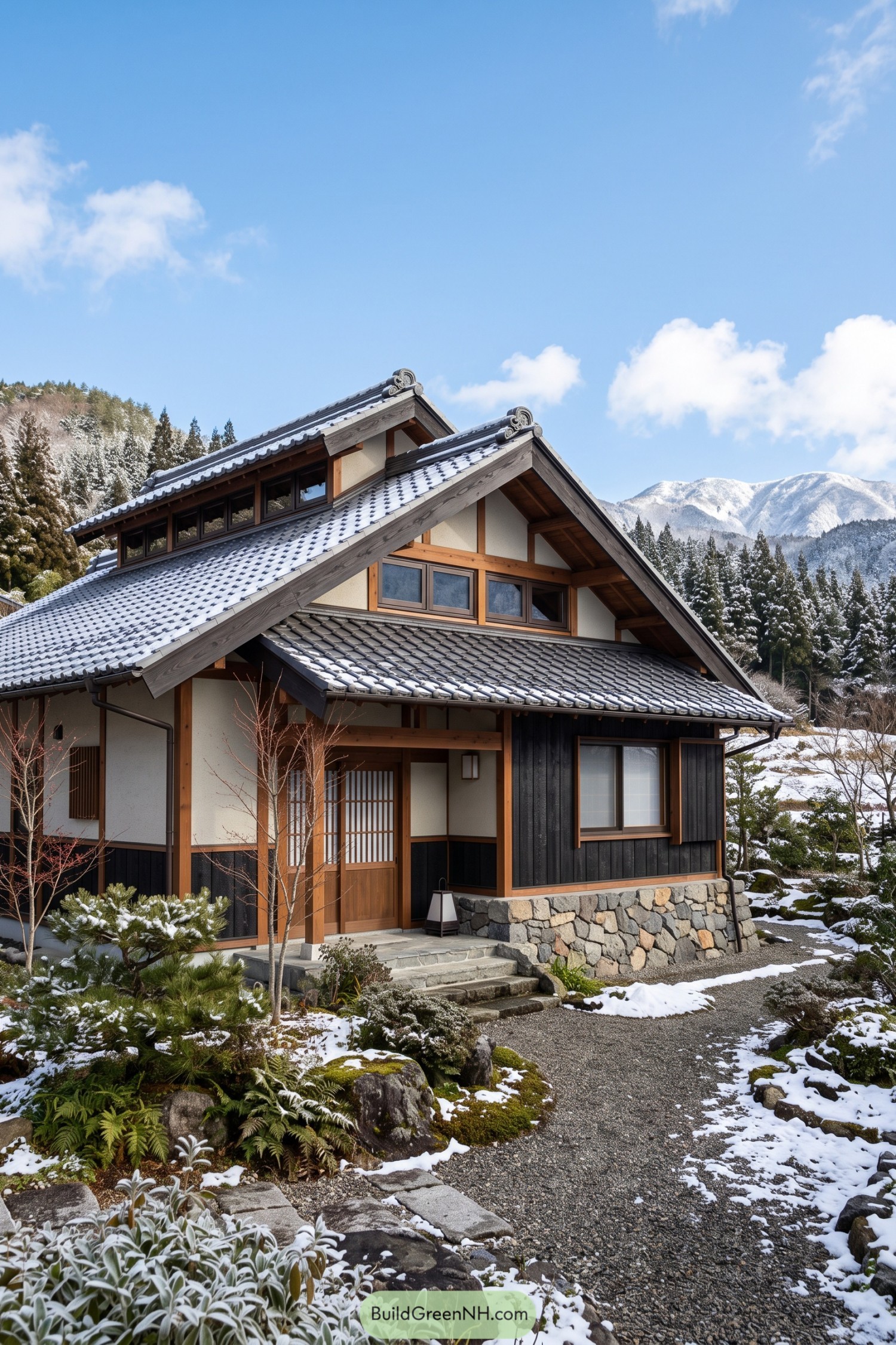 Layered Japanese gable roof with snow covered ceramic tiles