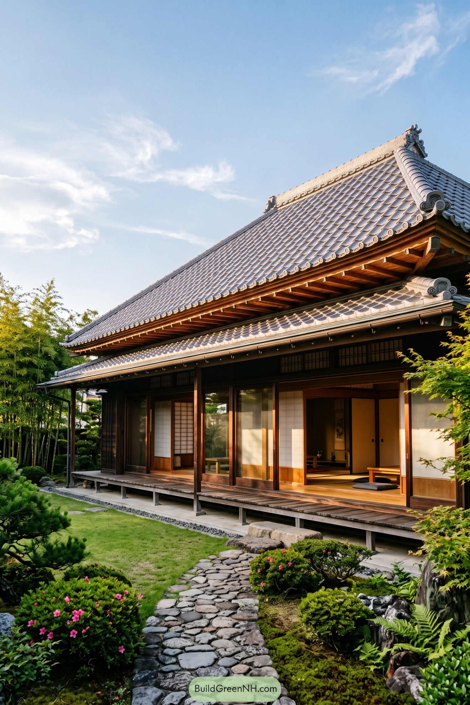 Traditional Japanese home with expansive gray tiled roof and deep eaves