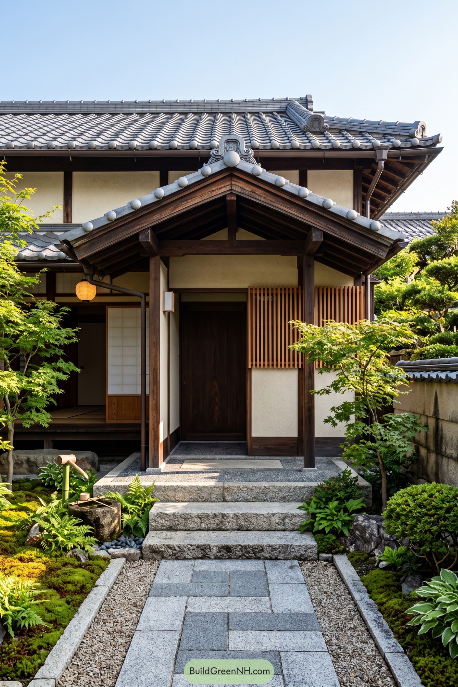 Traditional Japanese entry porch with gray tile gable roof