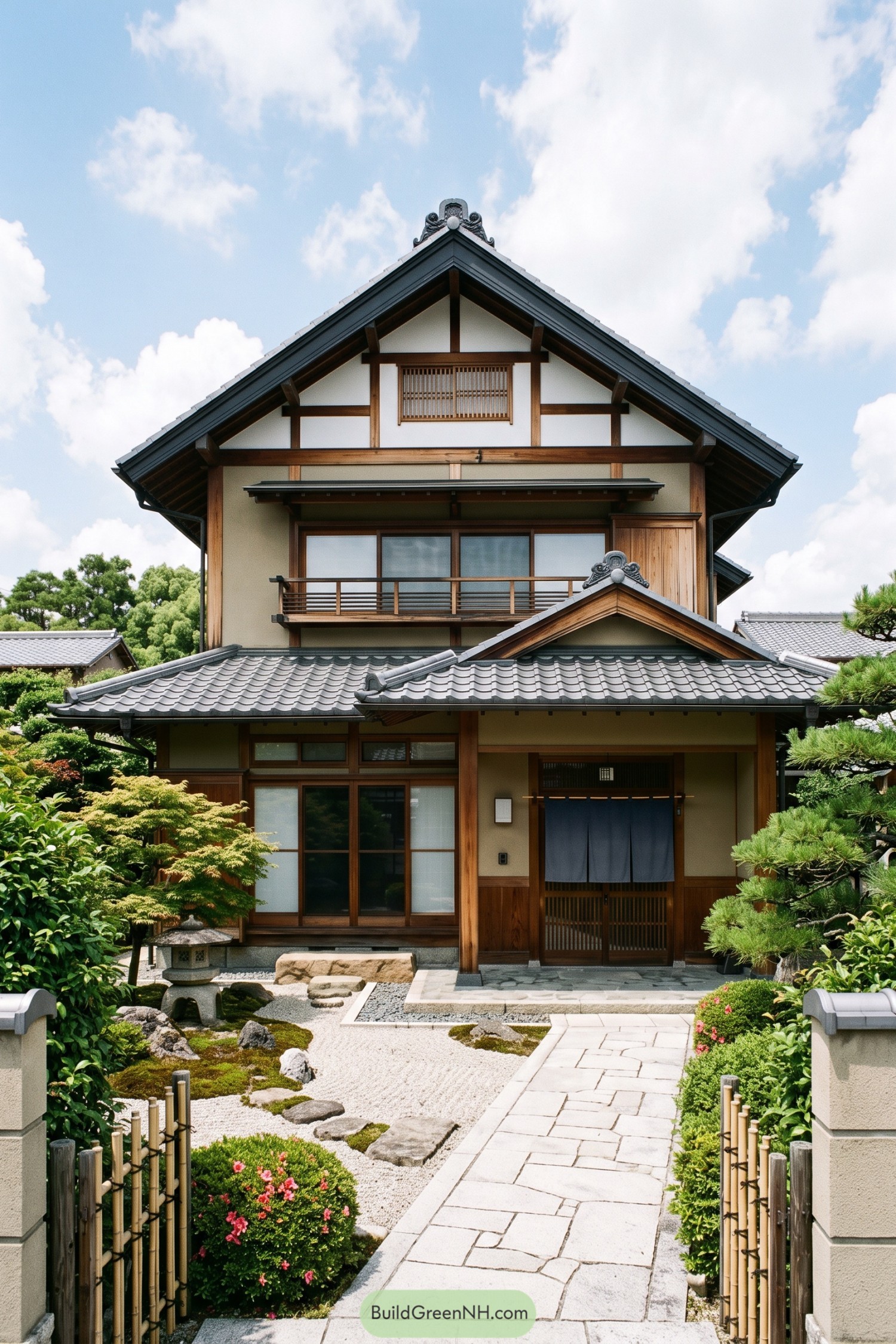 Layered tiled roof with ornamental ridge crests above a Japanese entry
