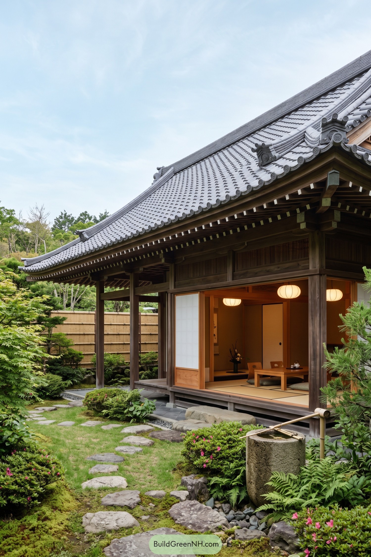 Grey tiled roof with broad curved eaves over a garden tea house