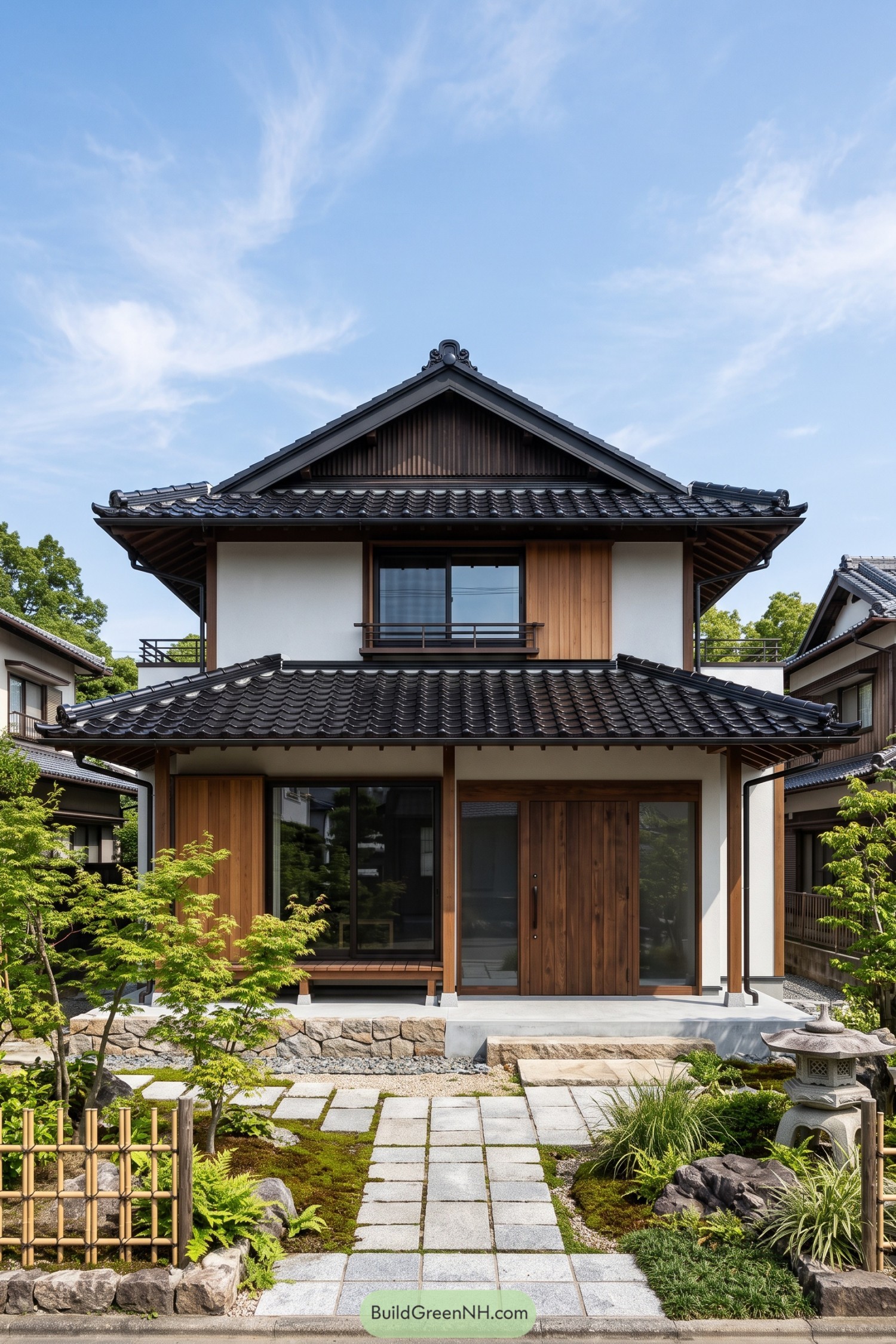 Two-story Japanese home with layered dark kawara tile roofs and wide gables
