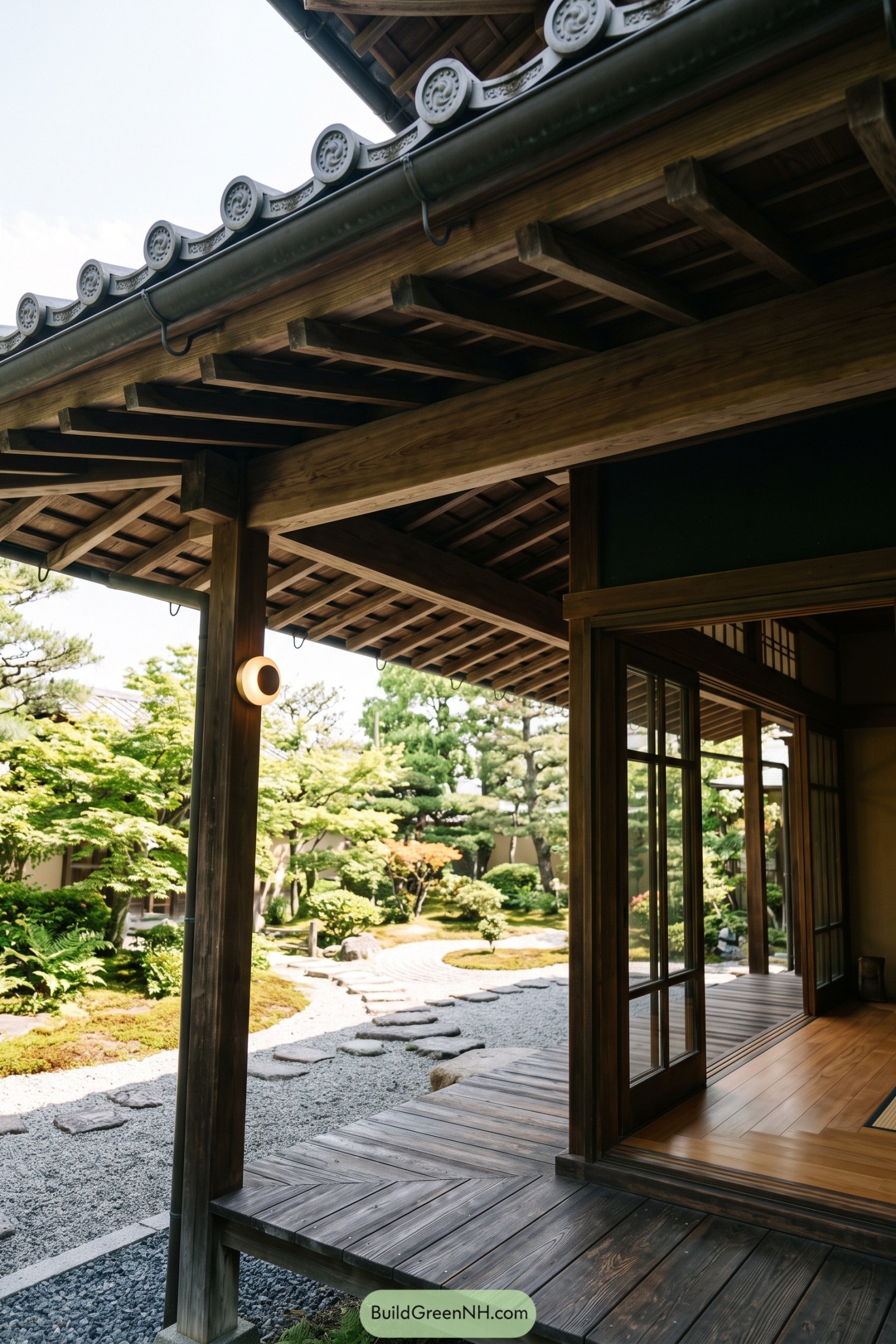 Traditional tiled eaves sheltering a timber veranda and garden