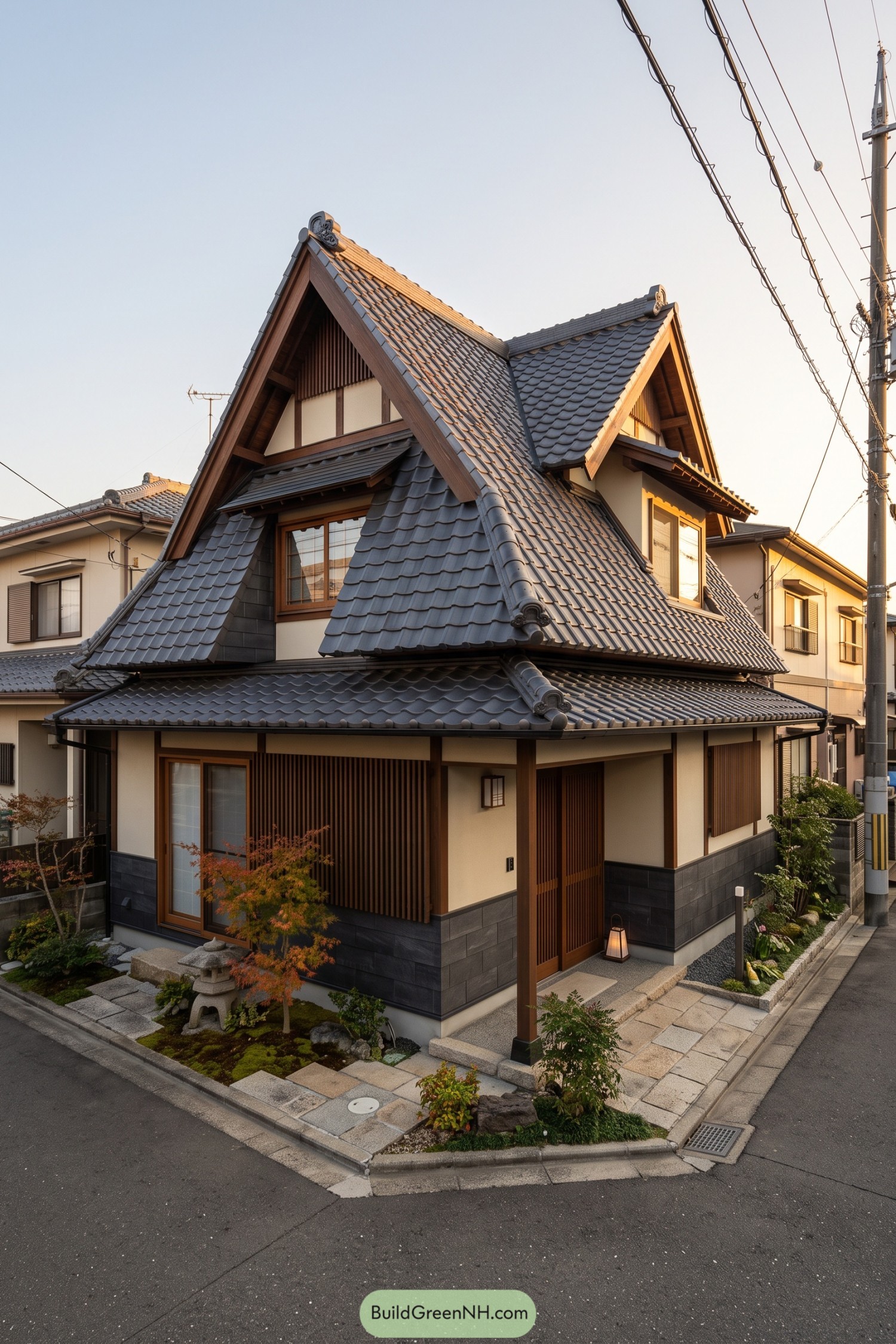 Traditional Japanese home with twin tiled gables and deep eaves
