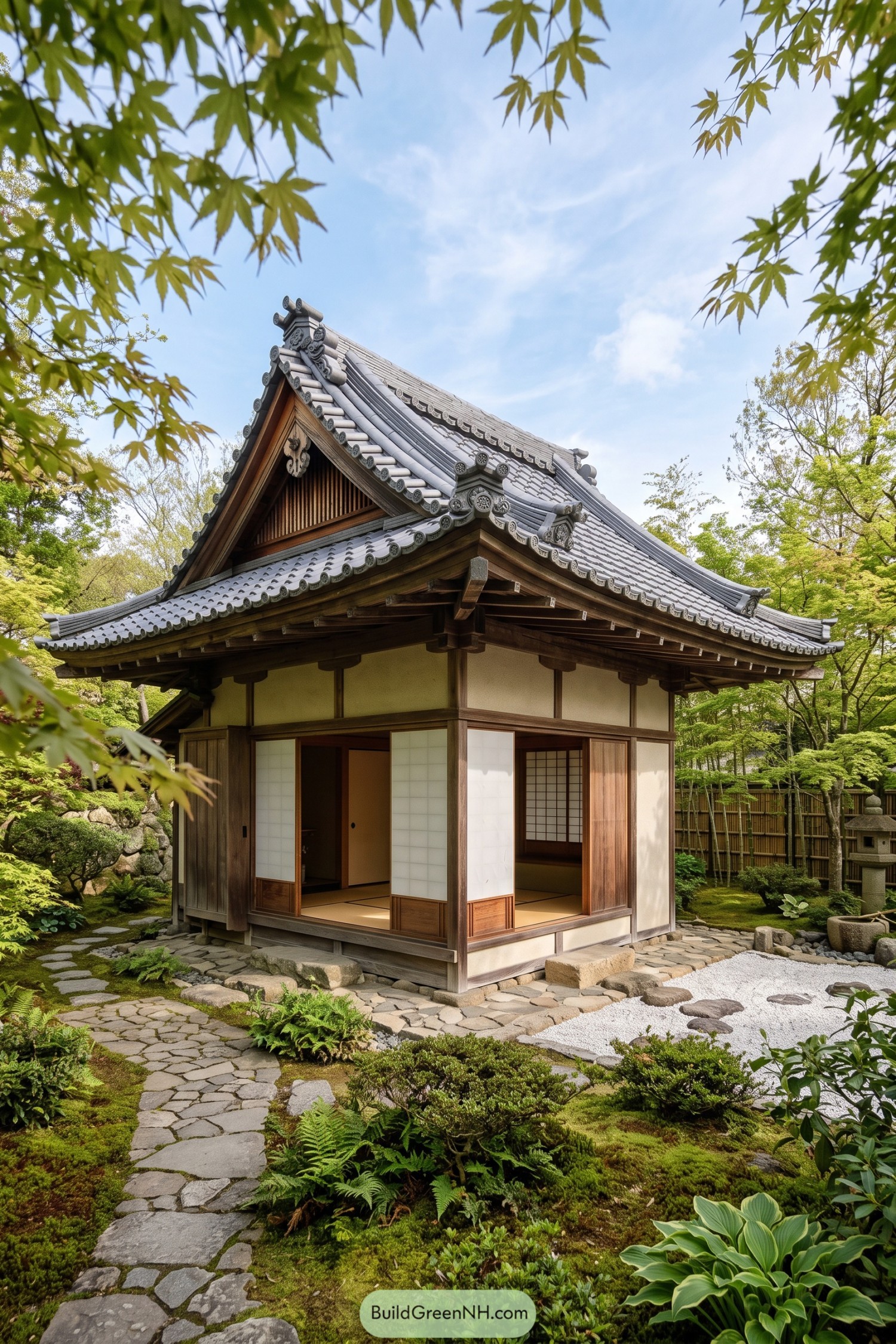 Traditional Japanese pavilion with a tiled gable roof and deep curved eaves