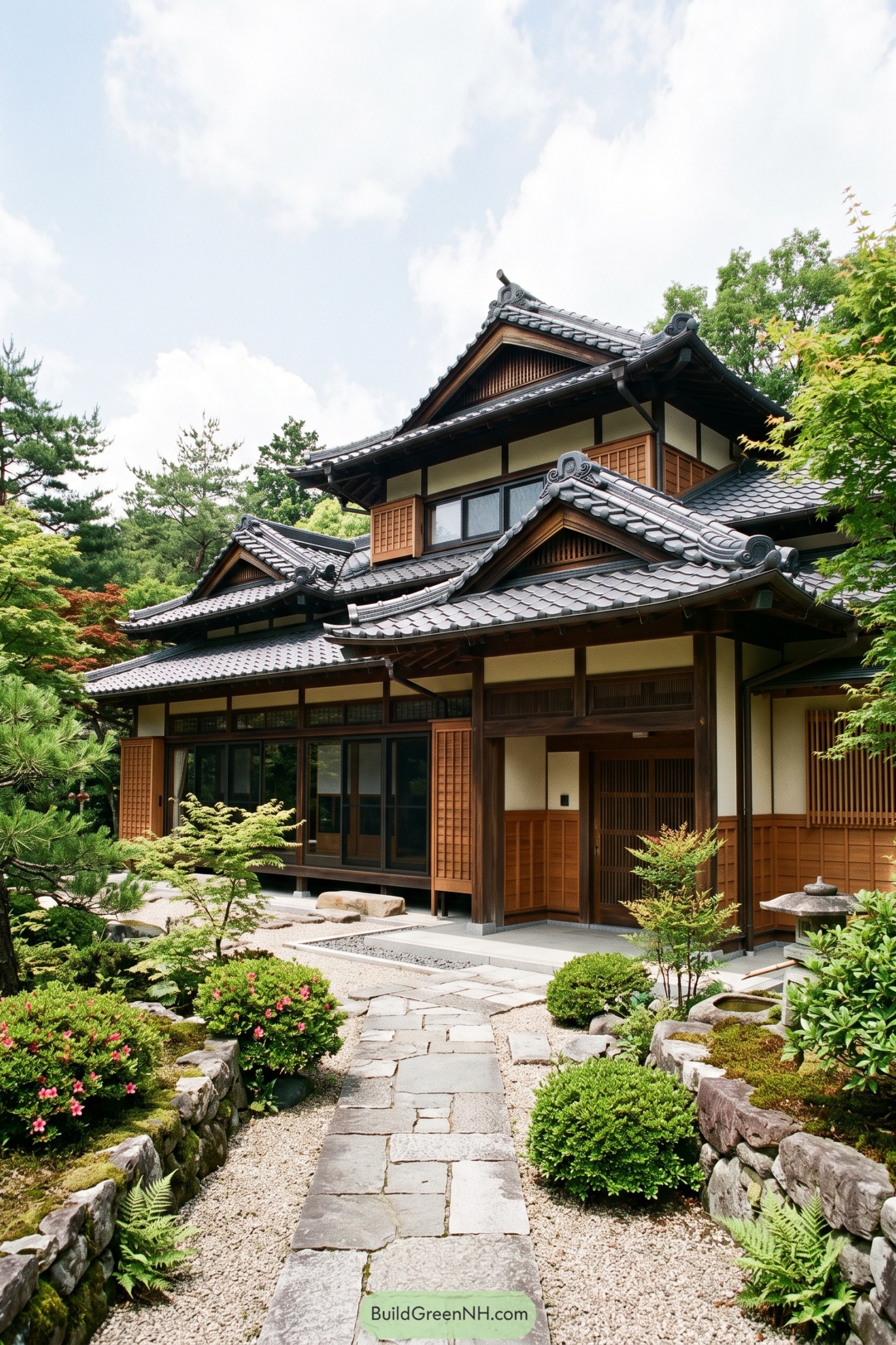 Layered tiled roof with ornate gables above a Japanese garden