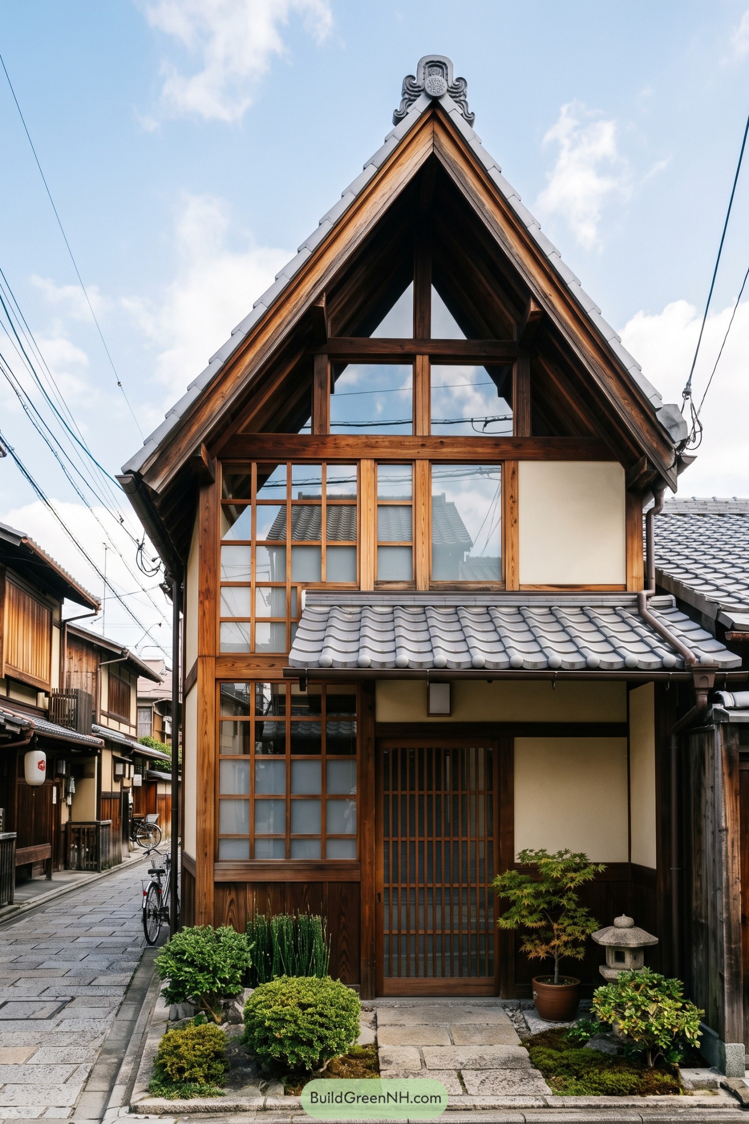 Traditional Japanese home with steep tiled gable roof