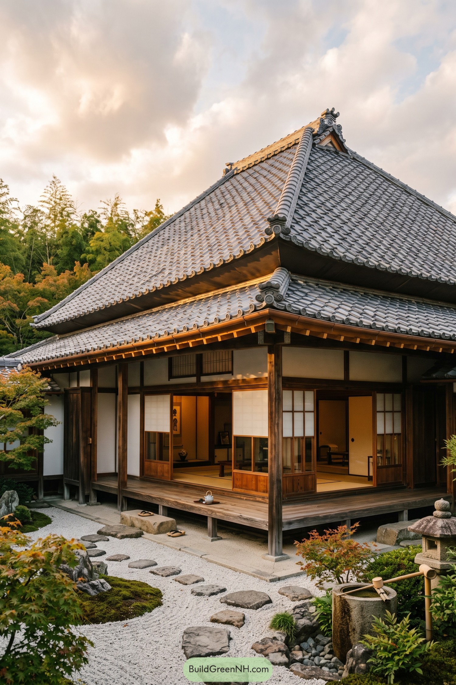 Layered Japanese hip roof with gray ceramic tiles