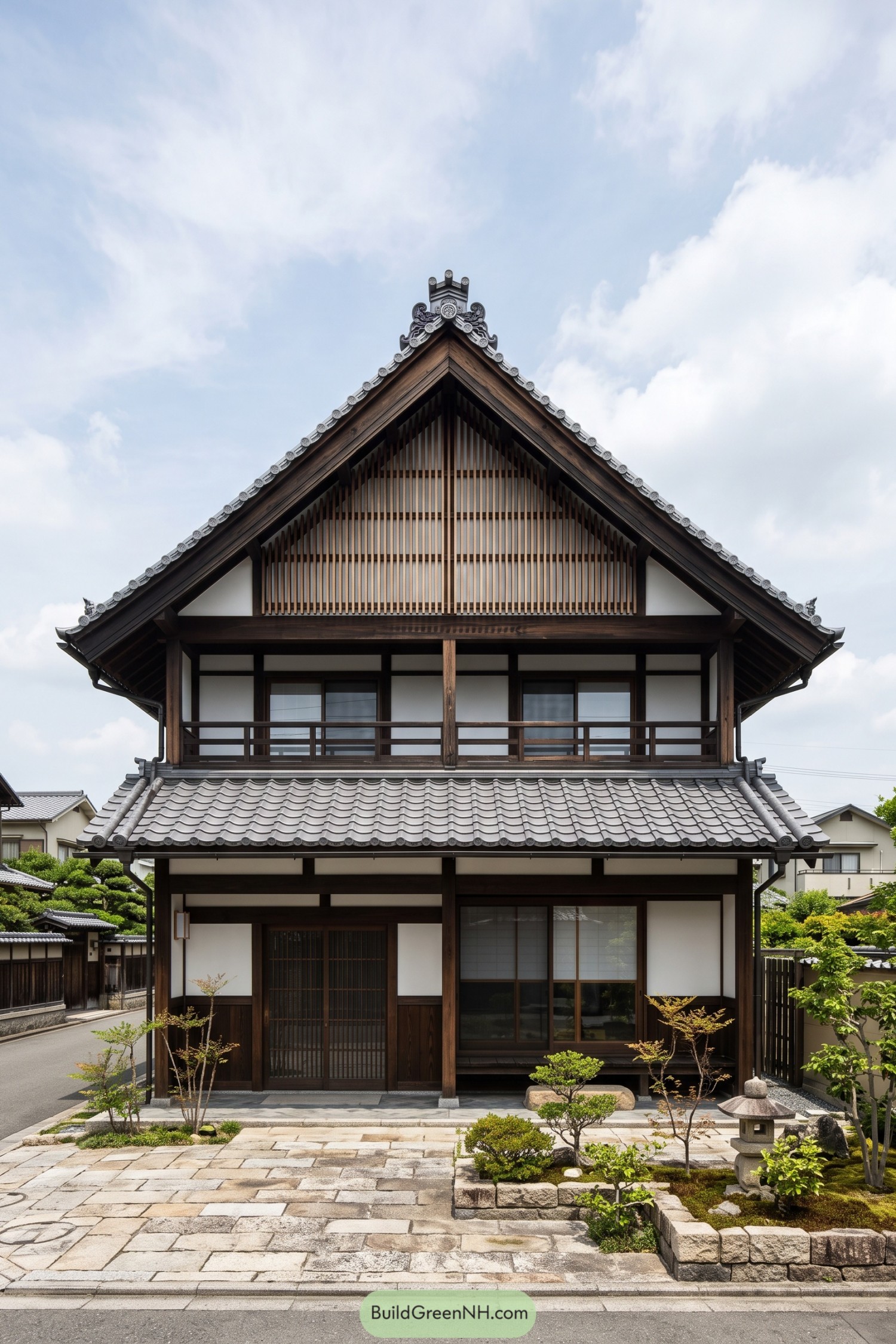 Traditional Japanese home with a tiled gable roof