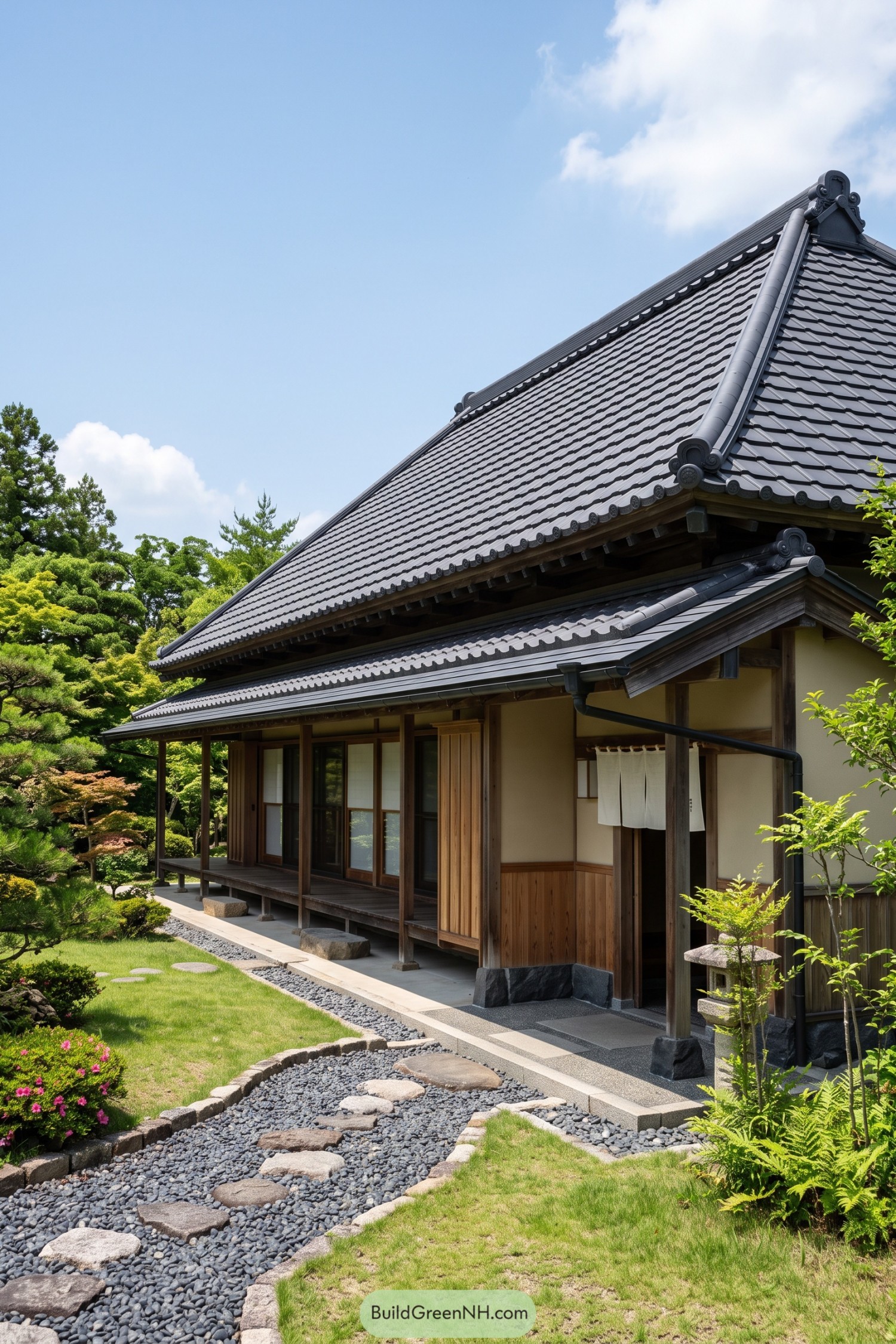 Japanese home with dark ceramic tile roof and deep eaves