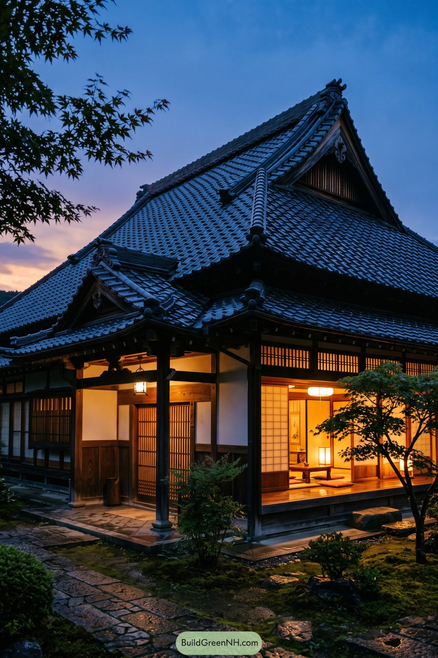 Traditional Japanese tiled roof with layered gables