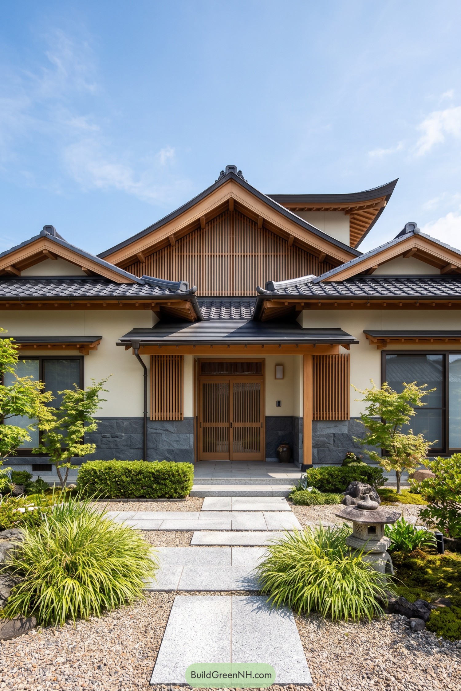 Japanese home with layered tiled gables and timber eaves