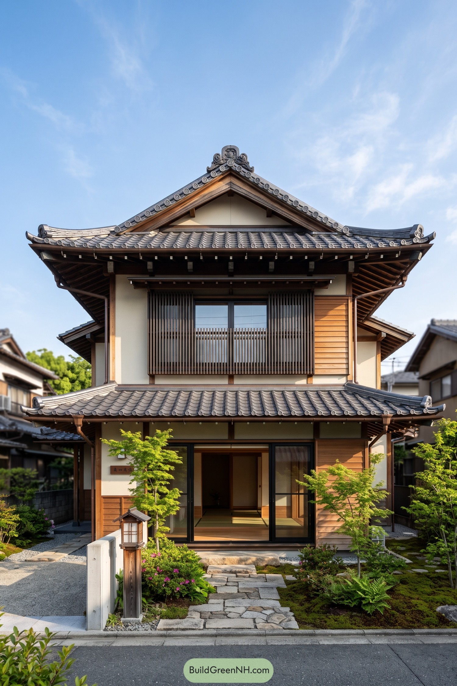 Traditional Japanese home with layered irimoya tile roof