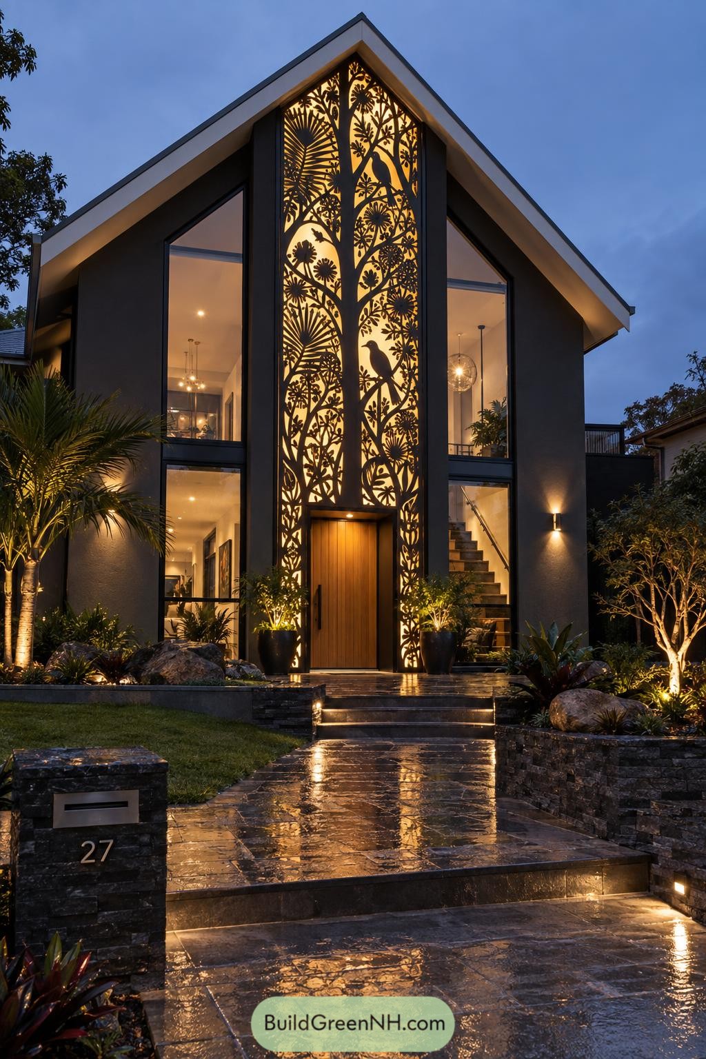 Backlit laser cut facade with birds and flowering branches