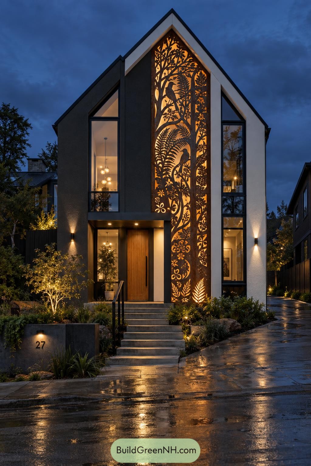 Illuminated bird and foliage cutwork on a gabled home facade
