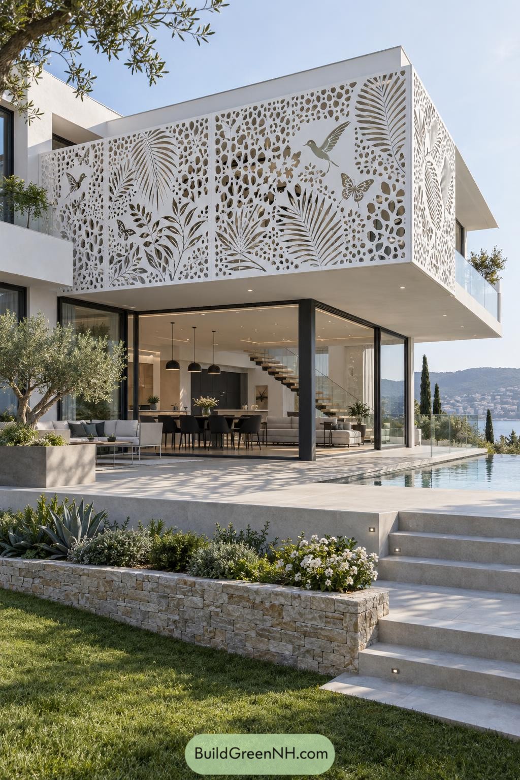White laser cut balcony screen with palms butterflies and hummingbird motifs