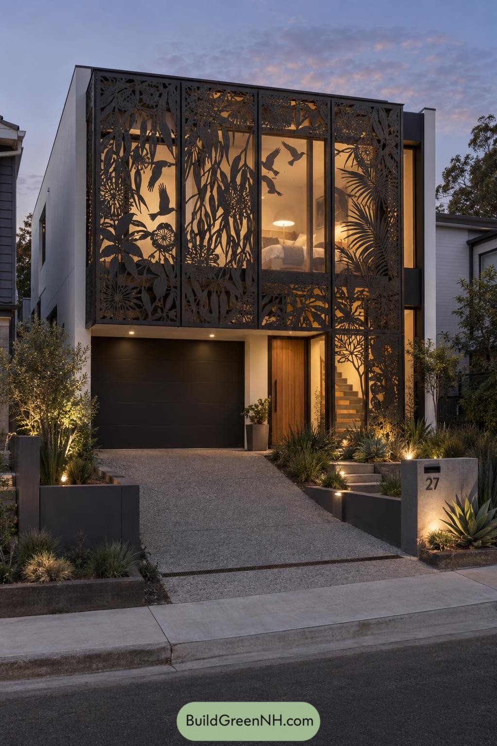 Laser-cut eucalyptus and bird screens on a modern home
