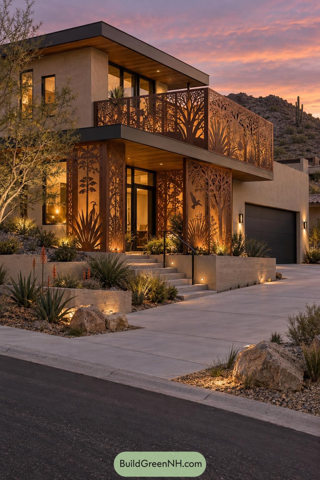 Laser-cut desert wildlife screens on a modern home