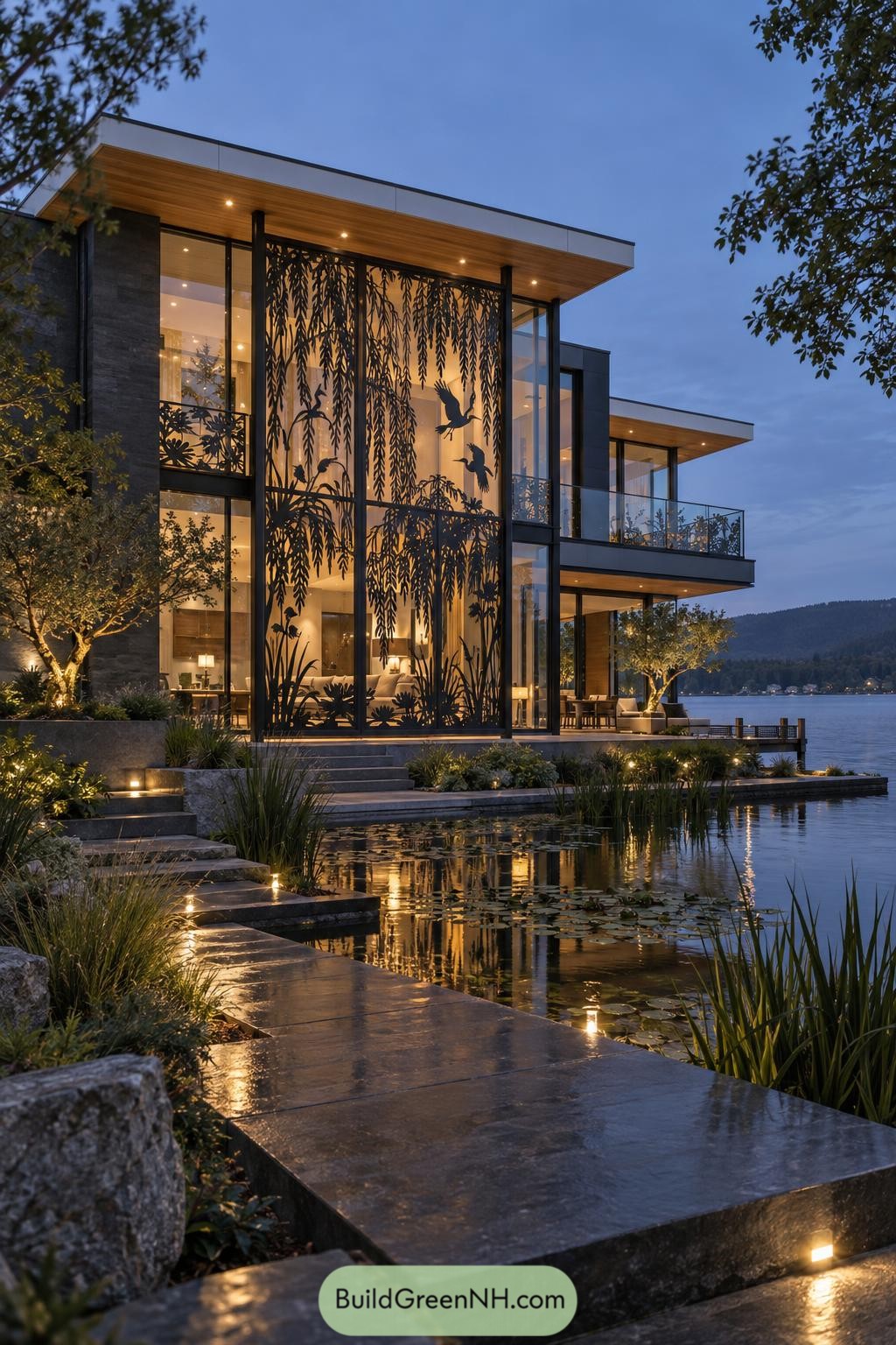 Laser cut willow and egret facade at a lakeside home