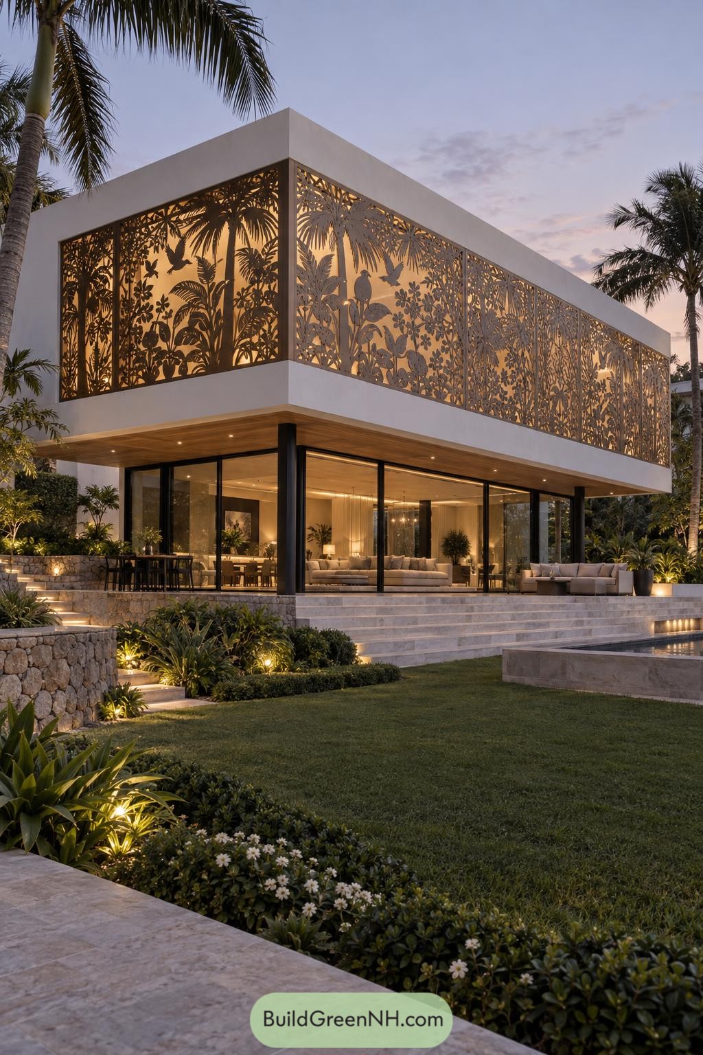 Laser cut tropical foliage and bird facade wrapping a modern villa