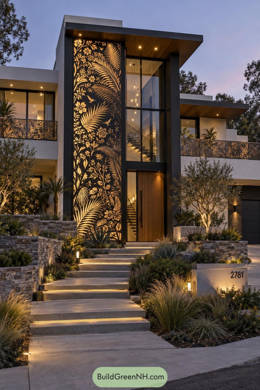 Illuminated black metal facade with palm fronds flowers and birds