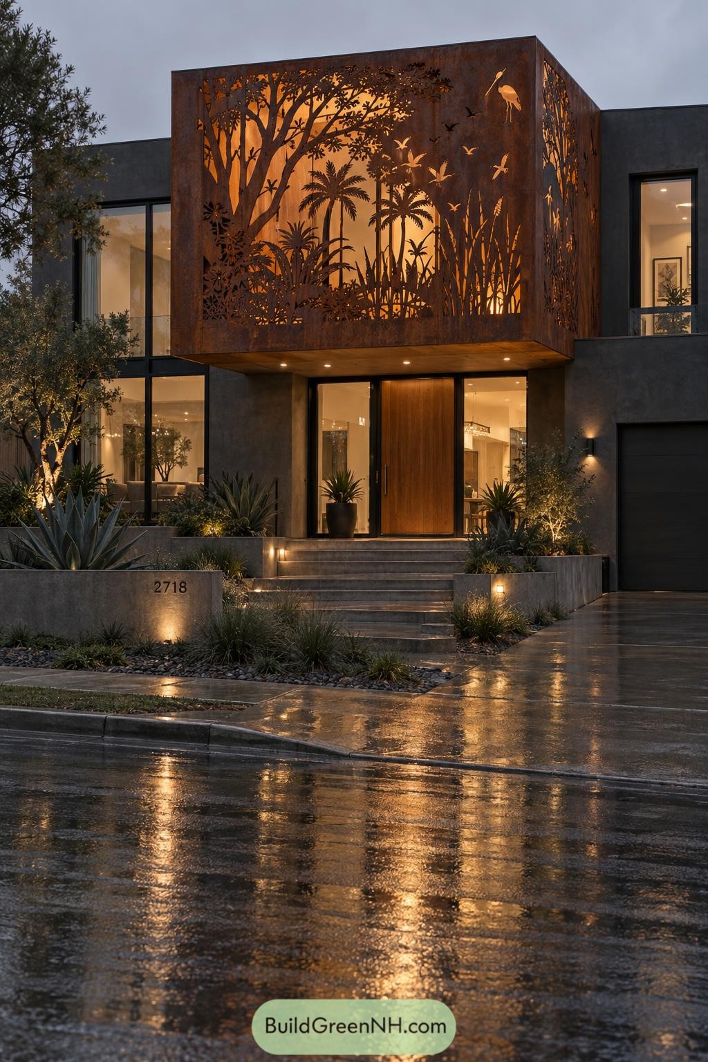 Illuminated corten entry screen with ibis and tropical foliage cutouts