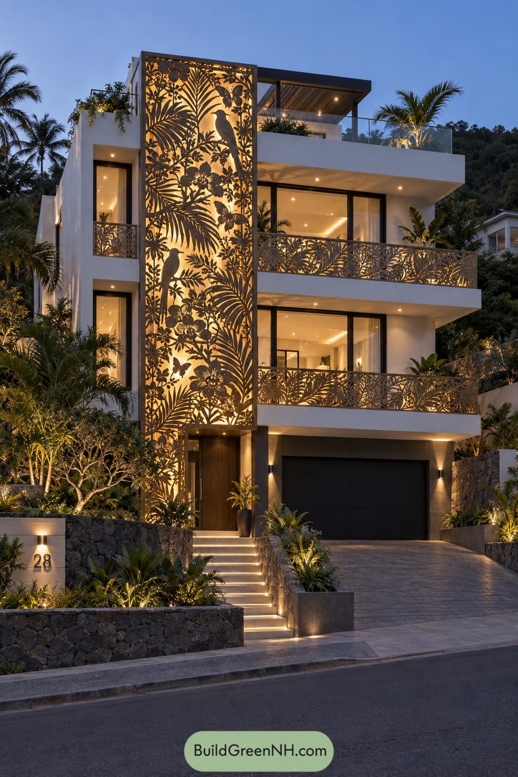 Backlit botanical laser cut screens with perched birds on a tropical villa
